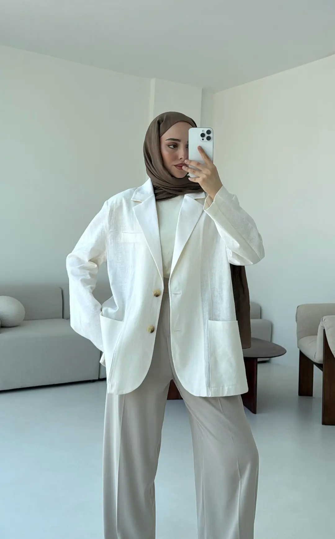 Keten Cepli Ceket Beyaz - Görsel 7