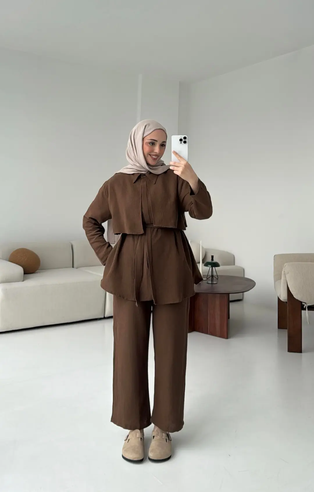 Keten Pelerinli Takım Kahve - Görsel 3