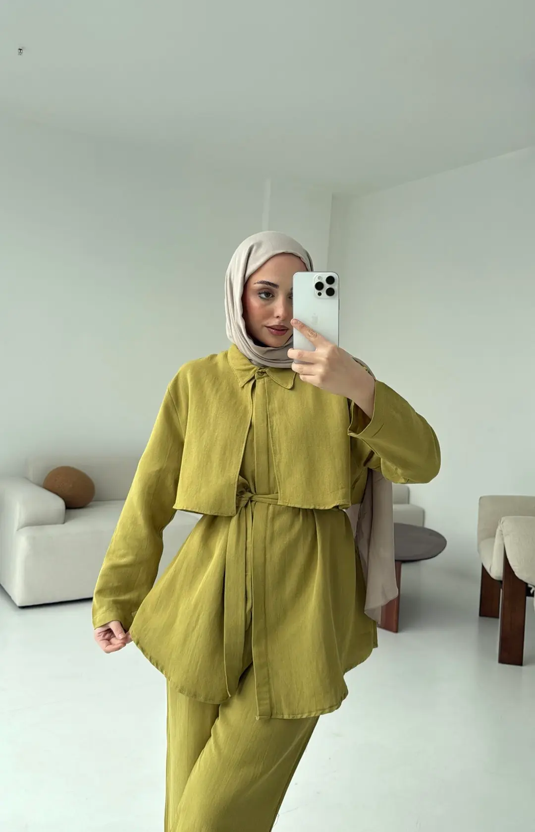 Keten Pelerinli Takım Olive - Görsel 3