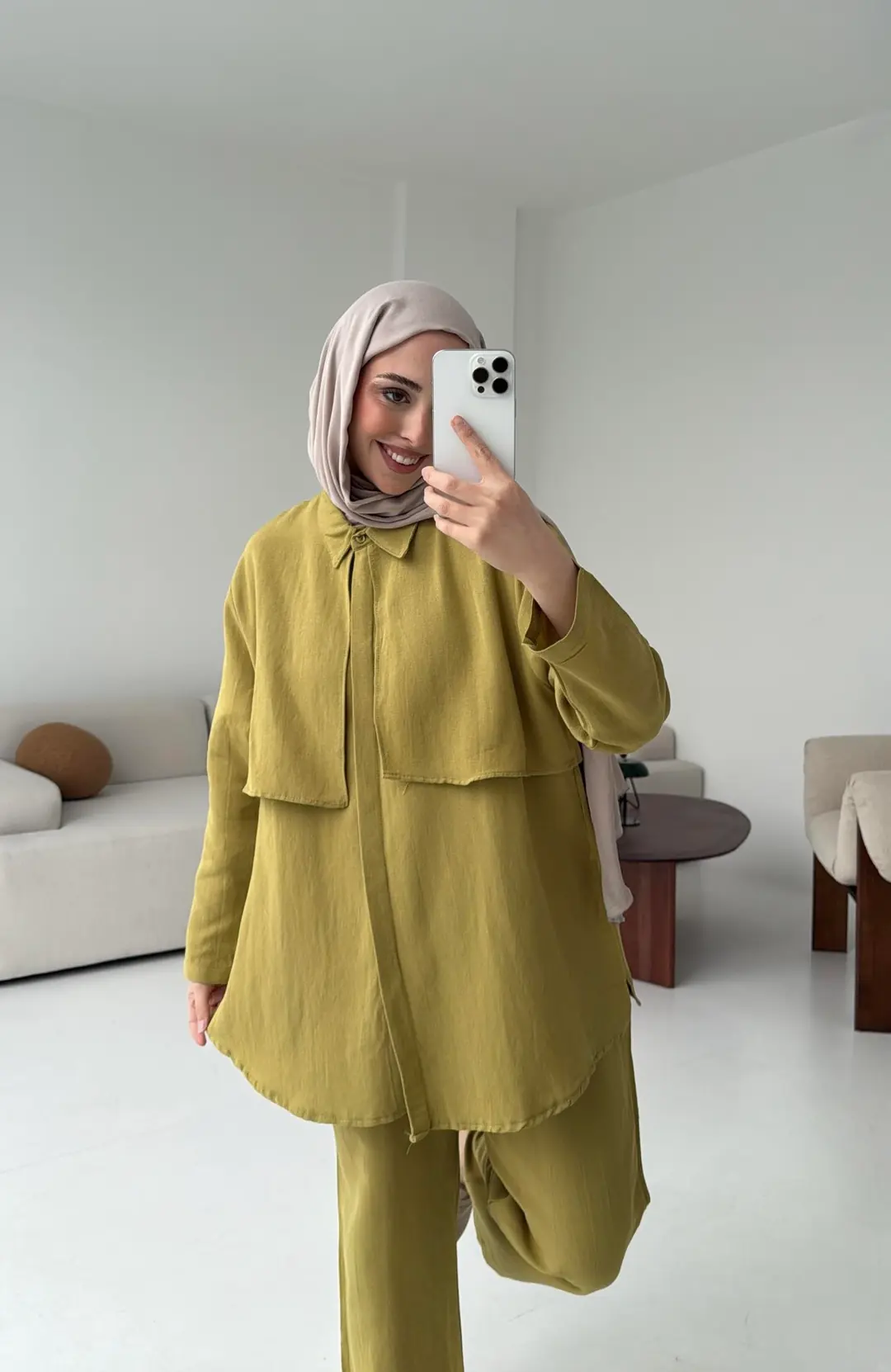 Keten Pelerinli Takım Olive - Görsel 4