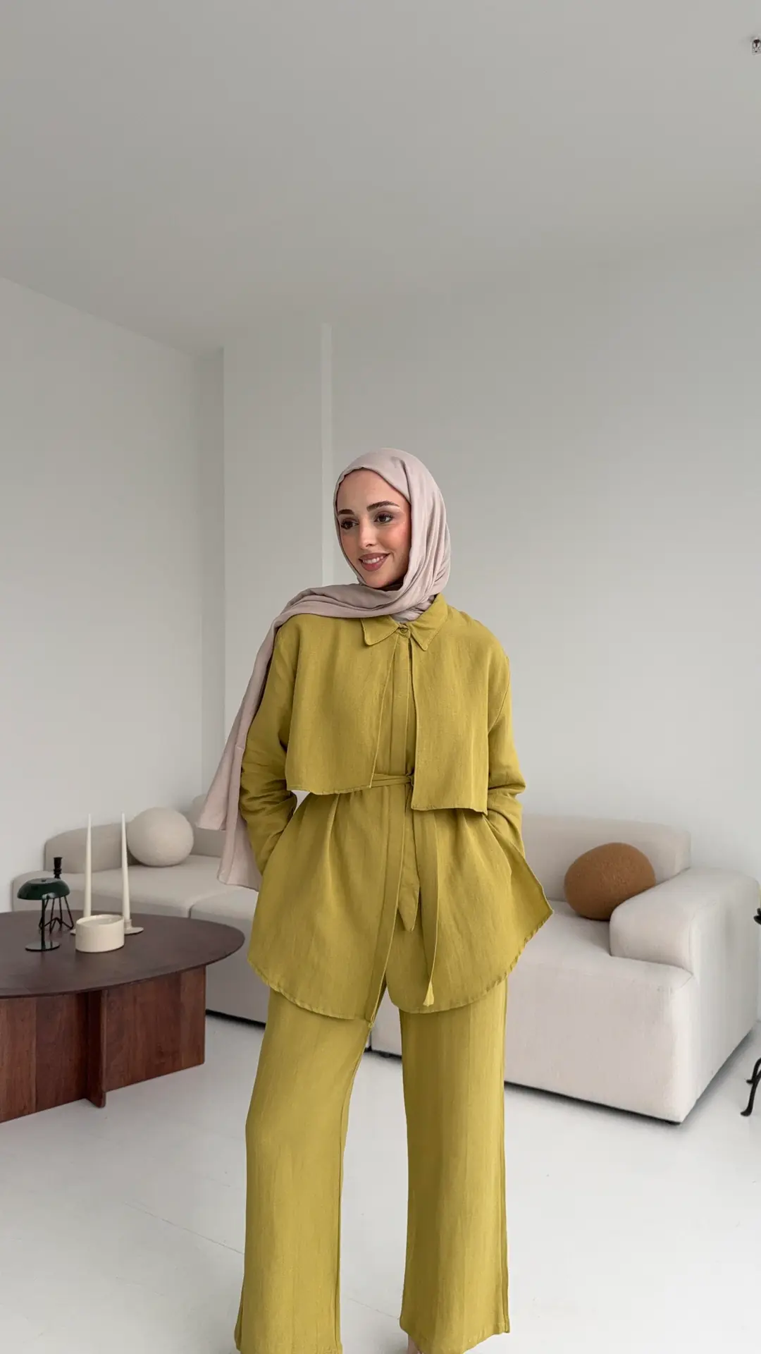 Keten Pelerinli Takım Olive - Görsel 6