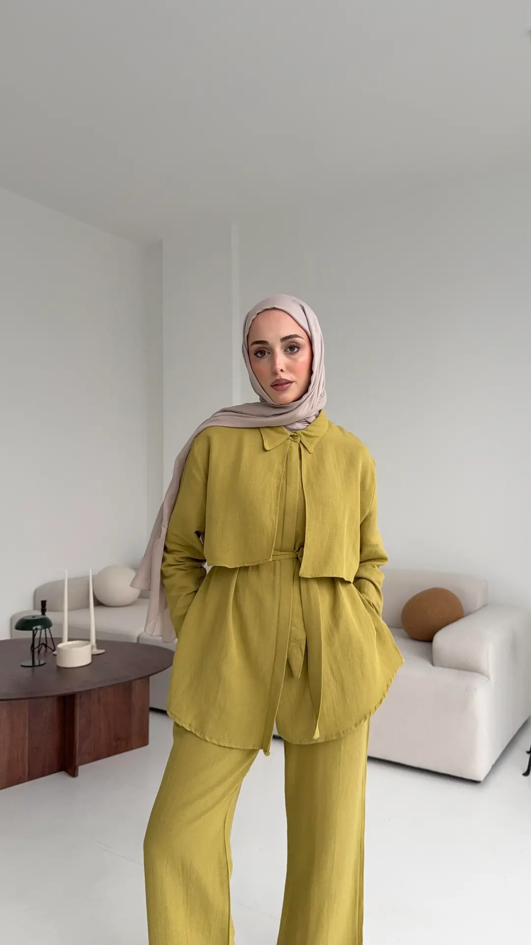 Keten Pelerinli Takım Olive - Görsel 7