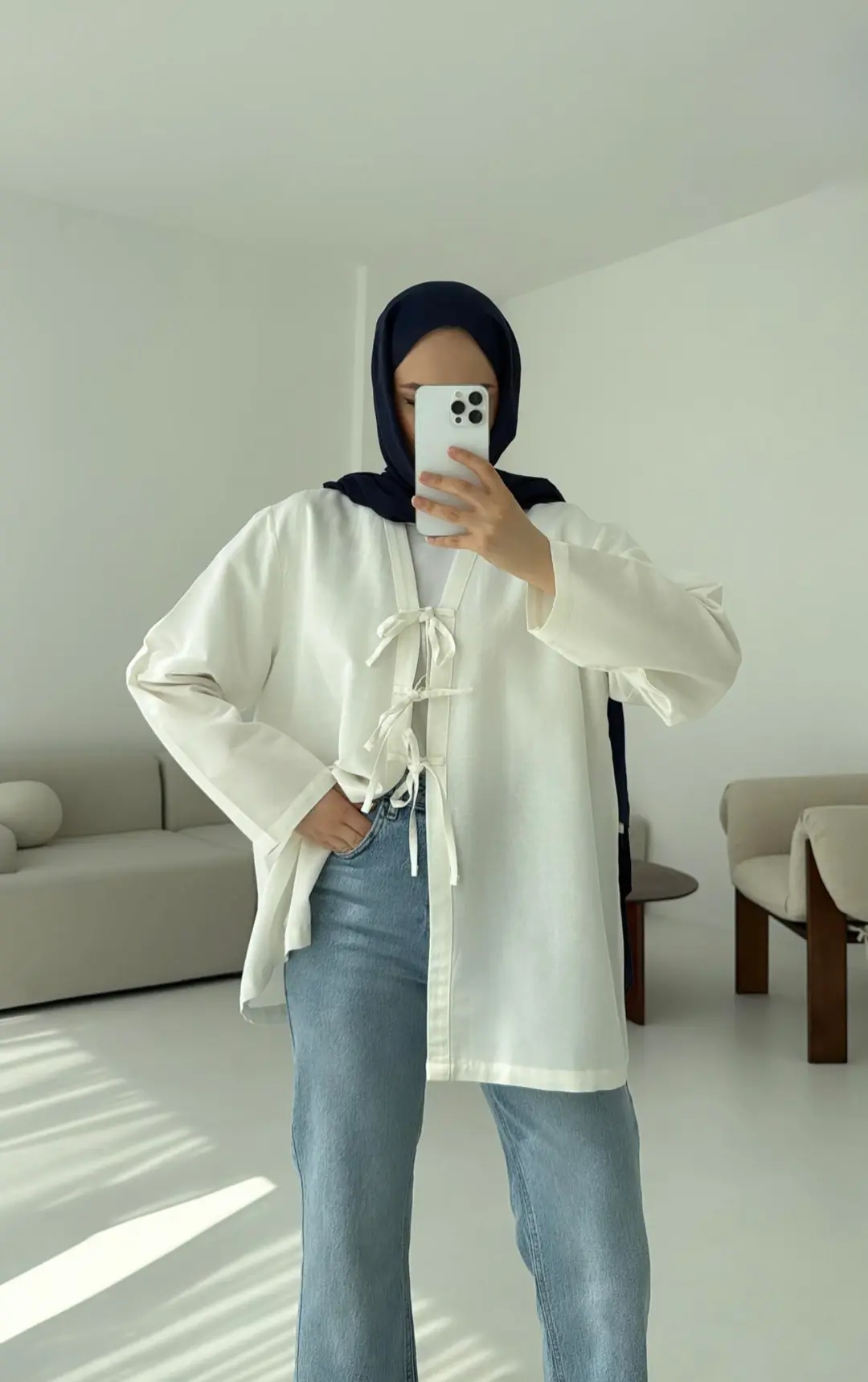 Keten Üç Bağlamalı Kimono Beyaz