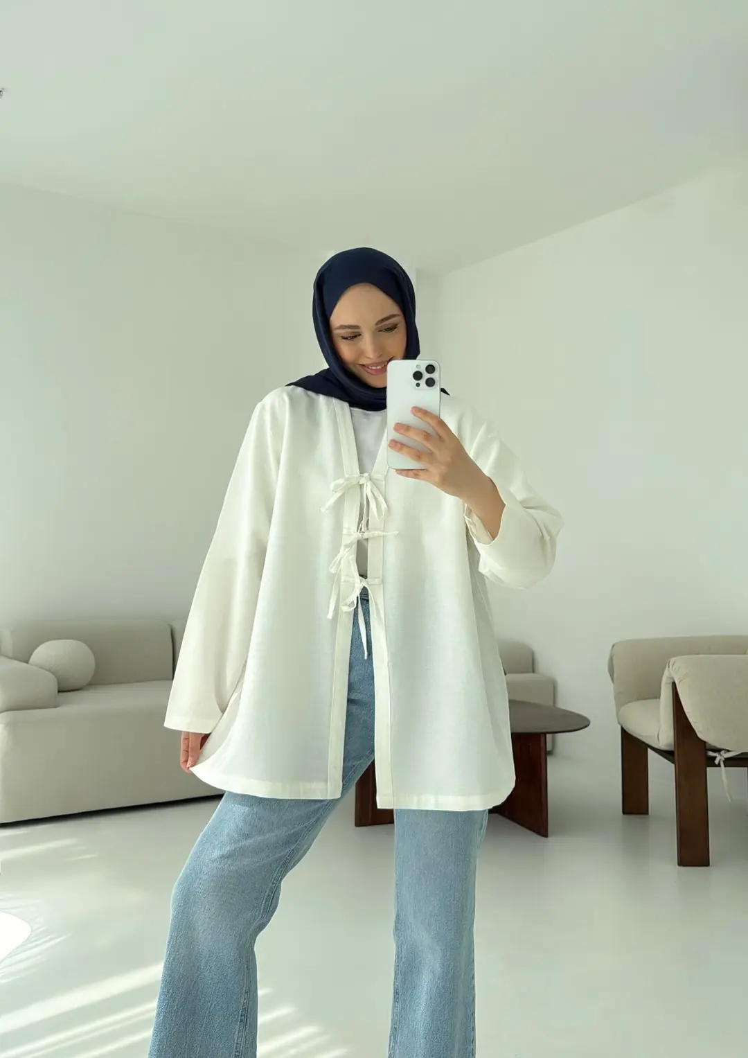 Keten Üç Bağlamalı Kimono Beyaz - Görsel 7