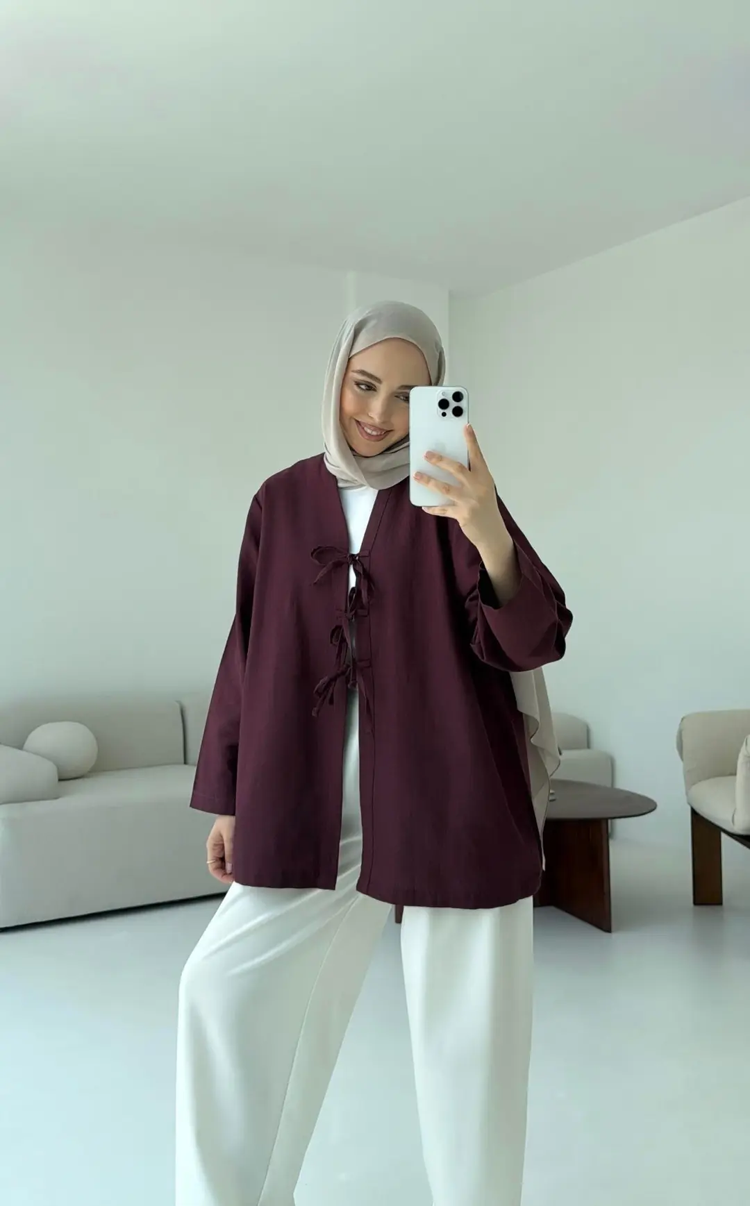 Keten Üç Bağlamalı Kimono Bordo - Görsel 3