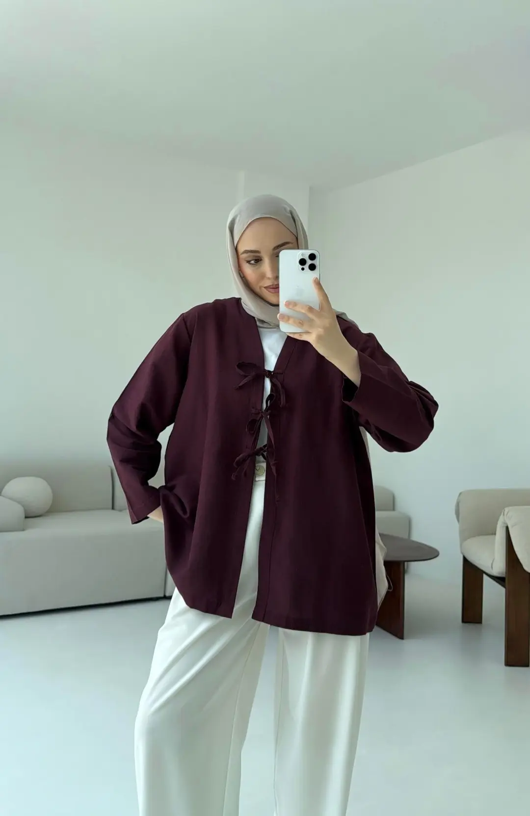 Keten Üç Bağlamalı Kimono Bordo - Görsel 4