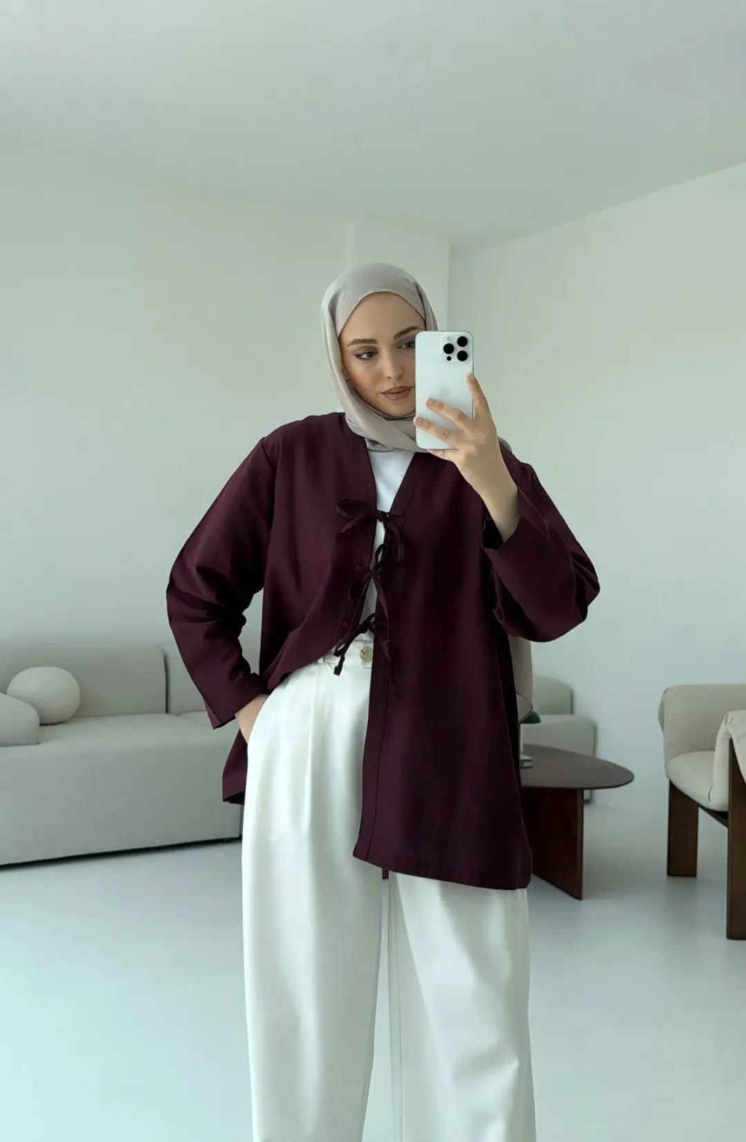 Keten Üç Bağlamalı Kimono Bordo - Görsel 5