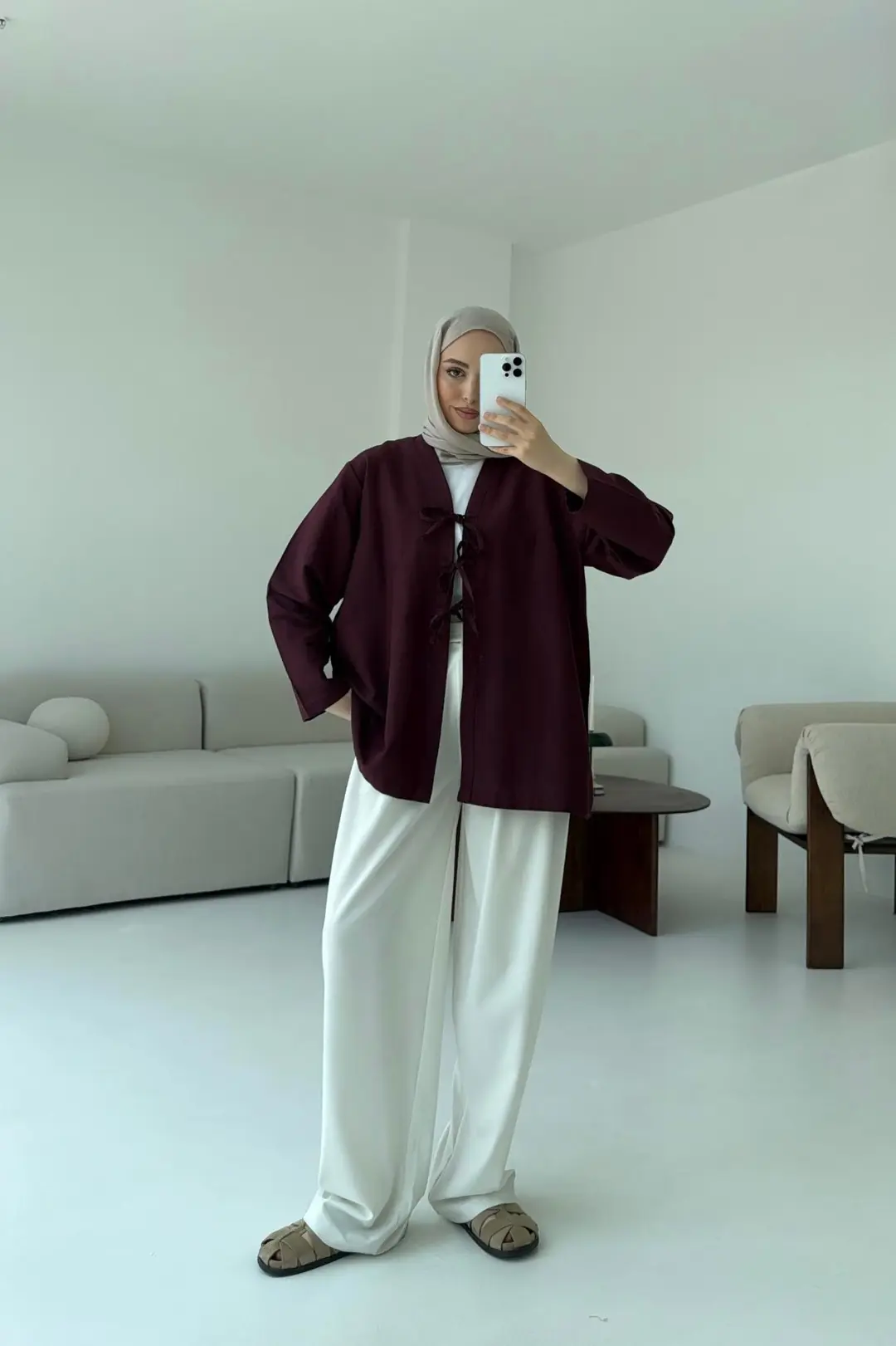 Keten Üç Bağlamalı Kimono Bordo - Görsel 7