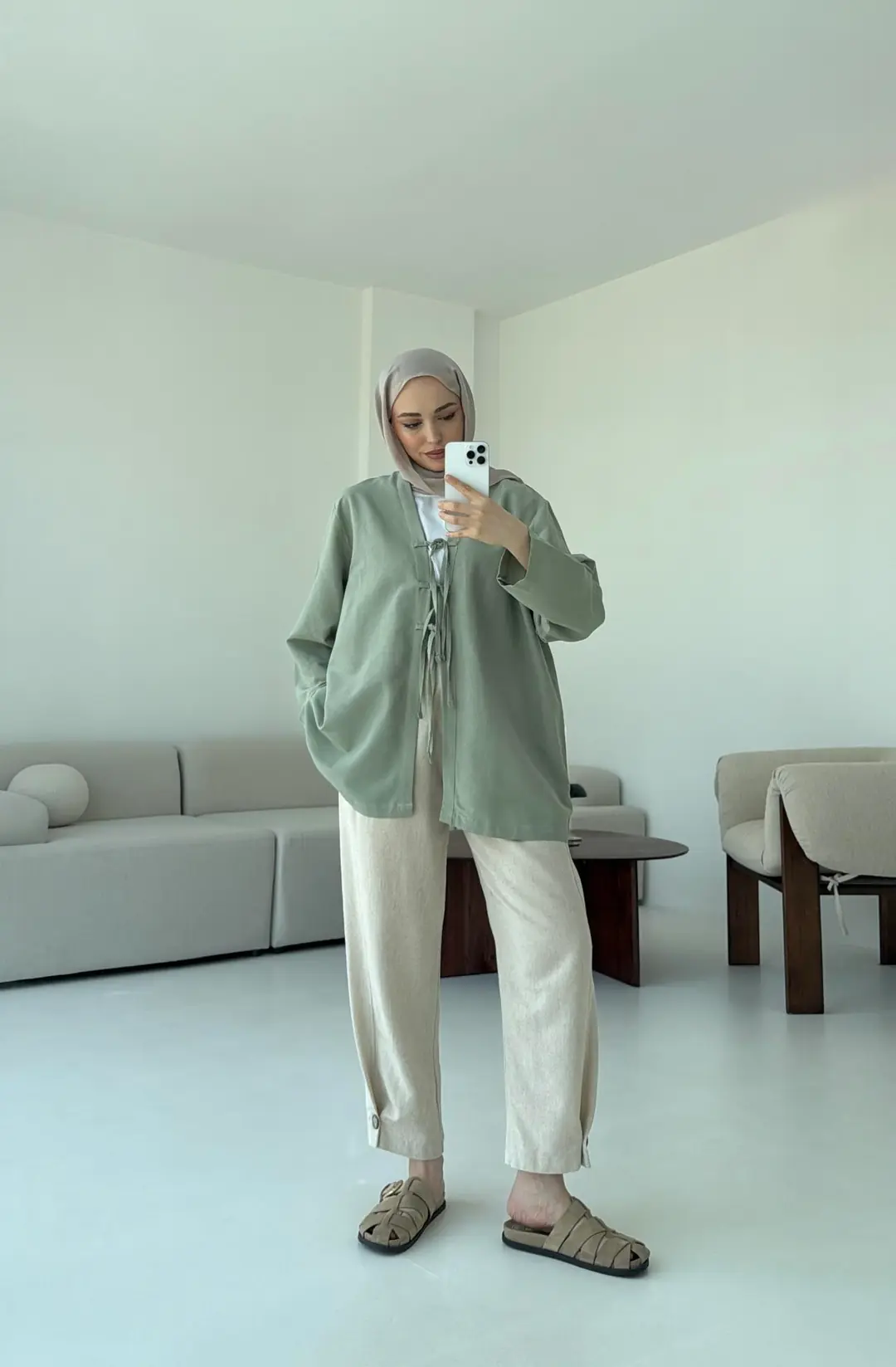 Keten Üç Bağlamalı Kimono Çağla - Görsel 7