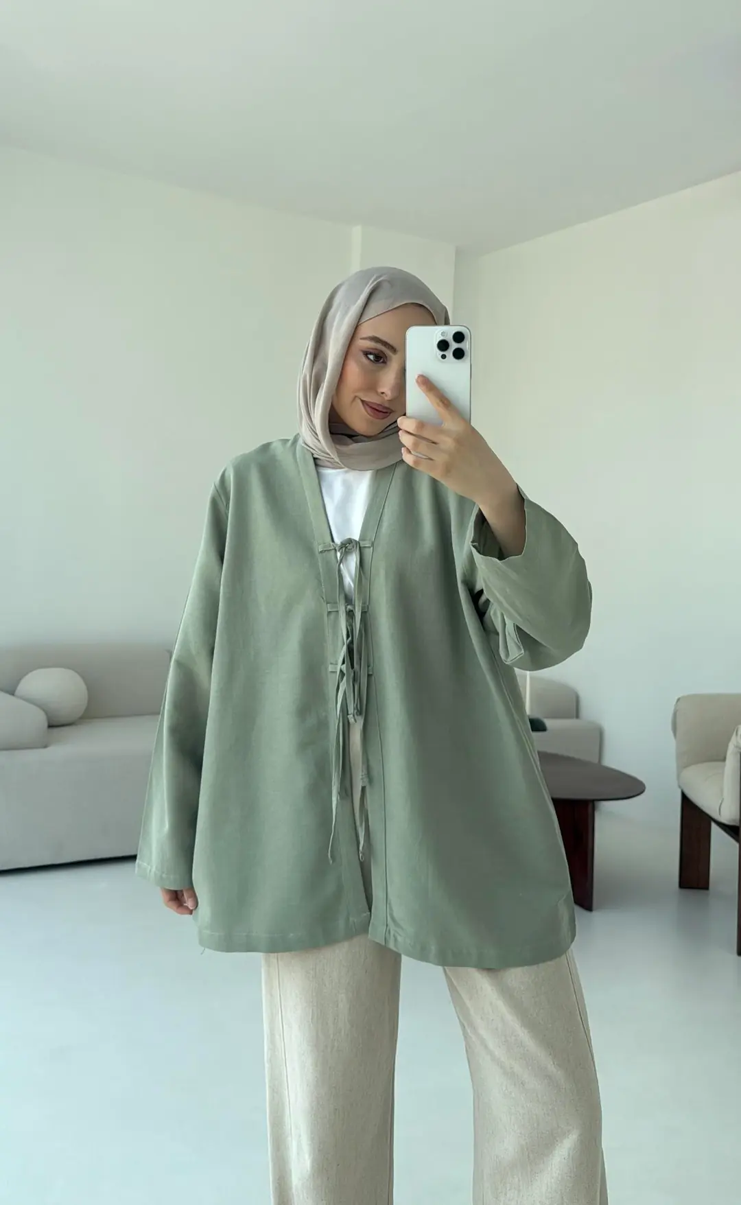 Keten Üç Bağlamalı Kimono Çağla - Görsel 8