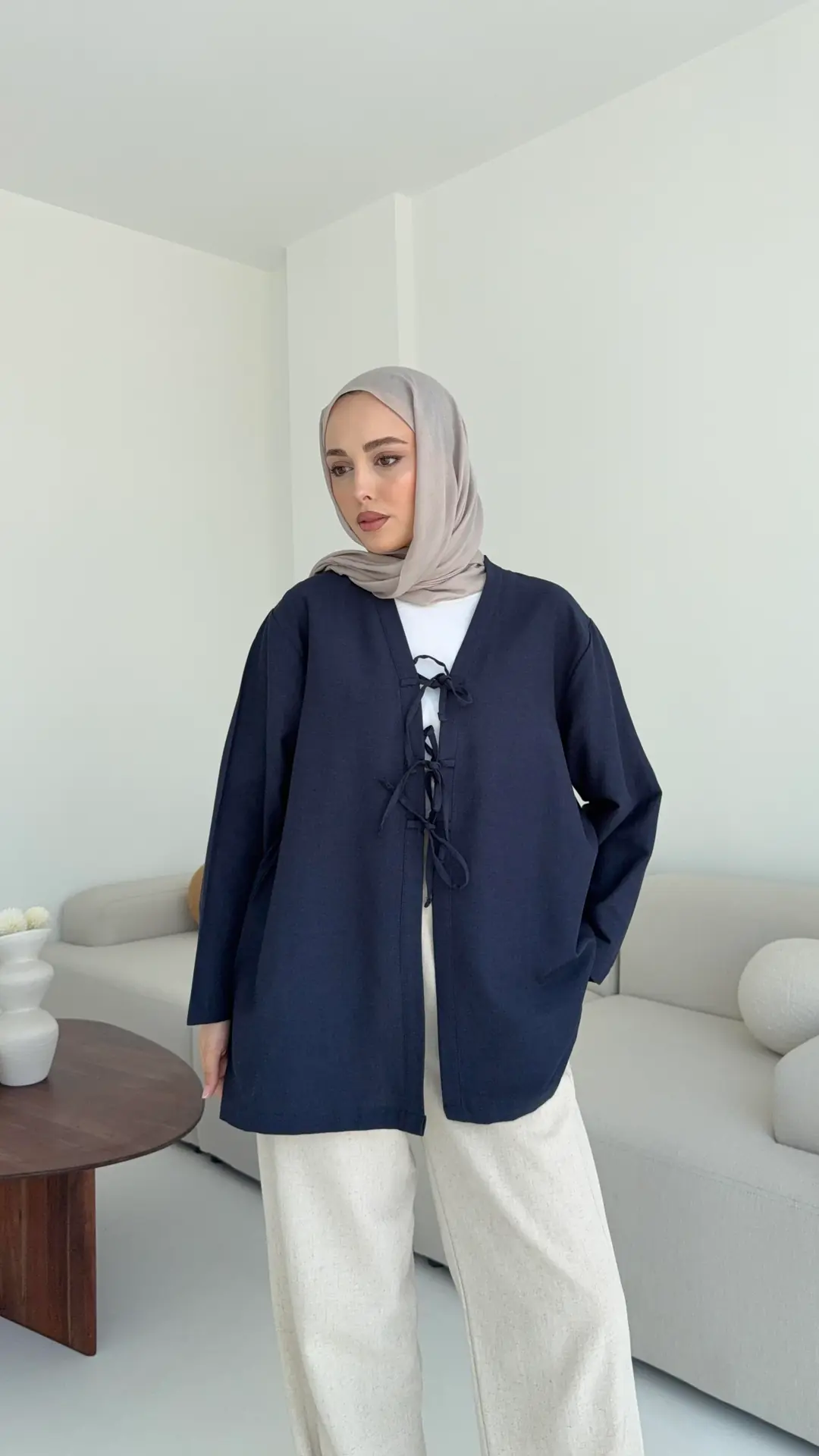 Keten Üç Bağlamalı Kimono Lacivert - Görsel 2