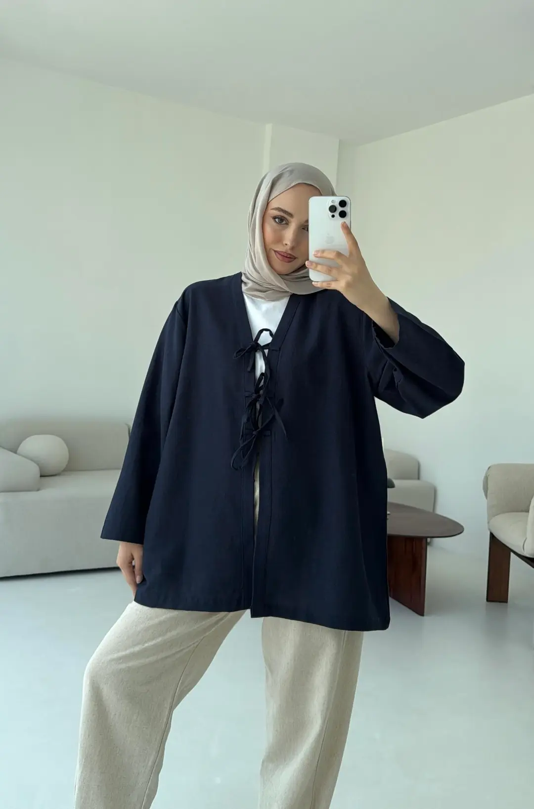 Keten Üç Bağlamalı Kimono Lacivert - Görsel 3