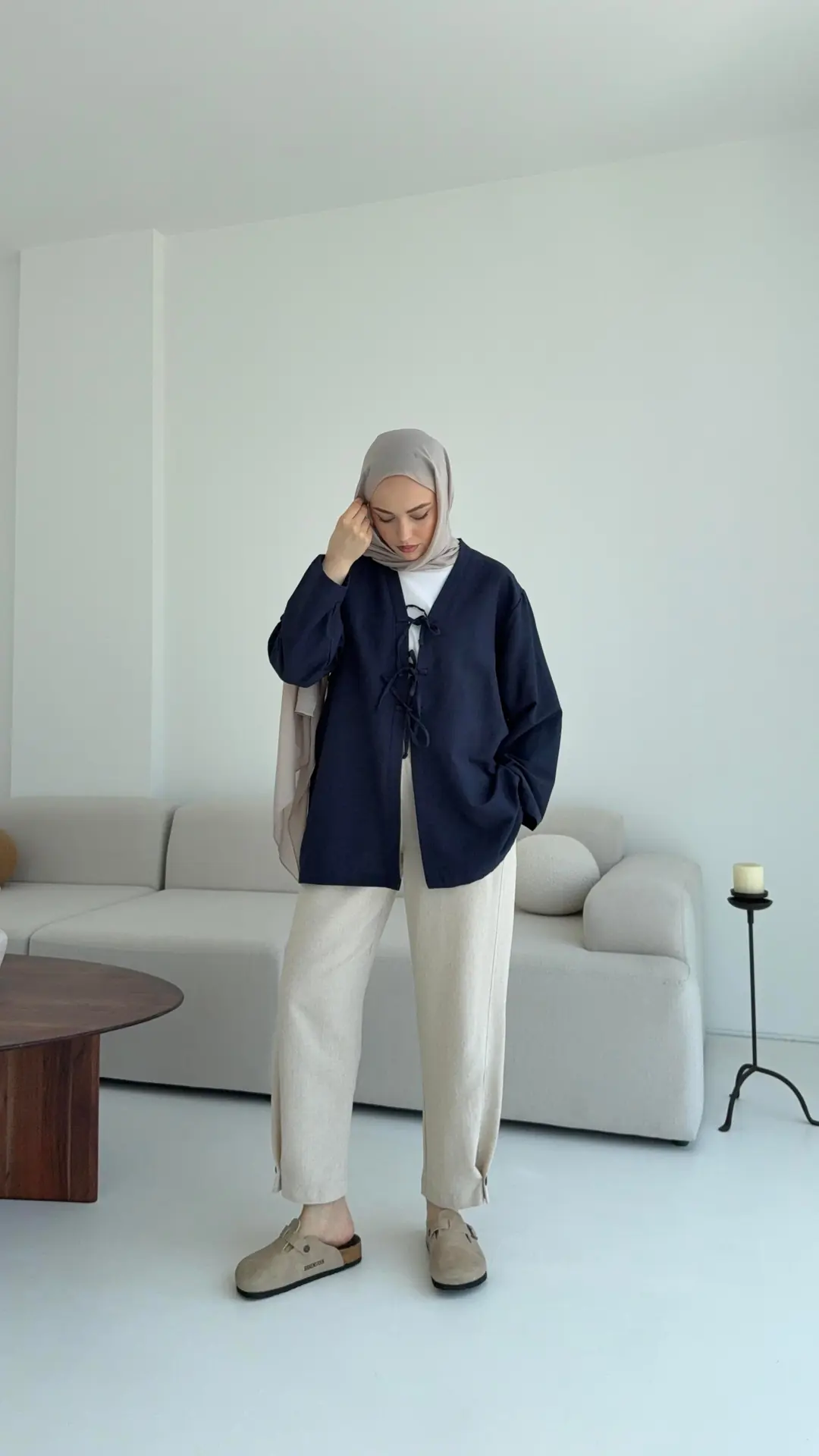 Keten Üç Bağlamalı Kimono Lacivert - Görsel 4