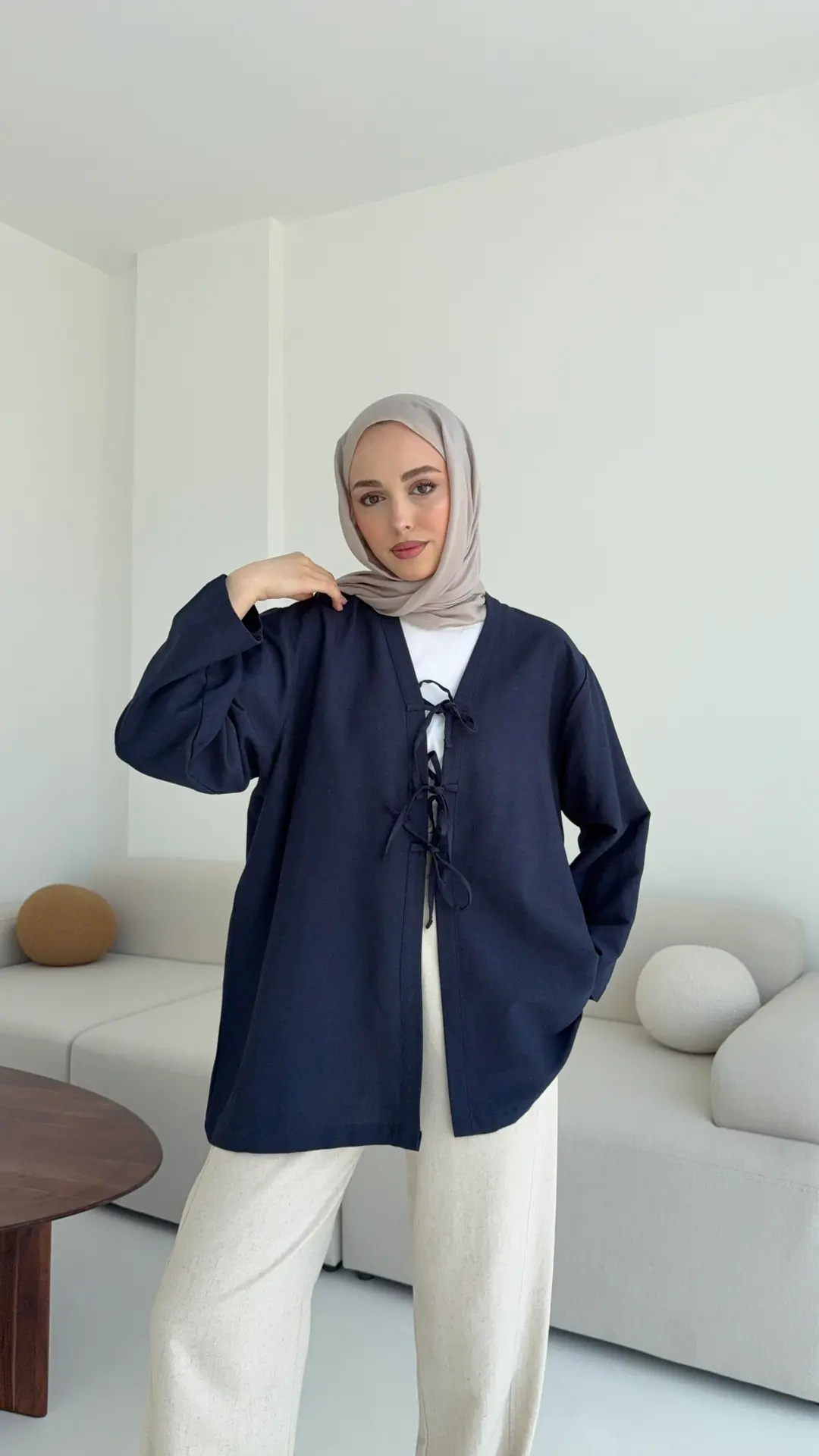 Keten Üç Bağlamalı Kimono Lacivert - Görsel 5