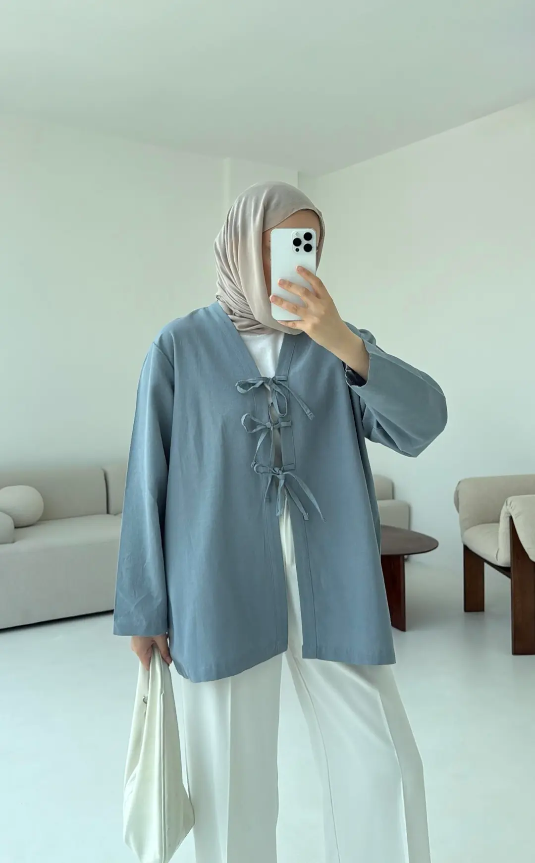 Keten Üç Bağlamalı Kimono Mavi