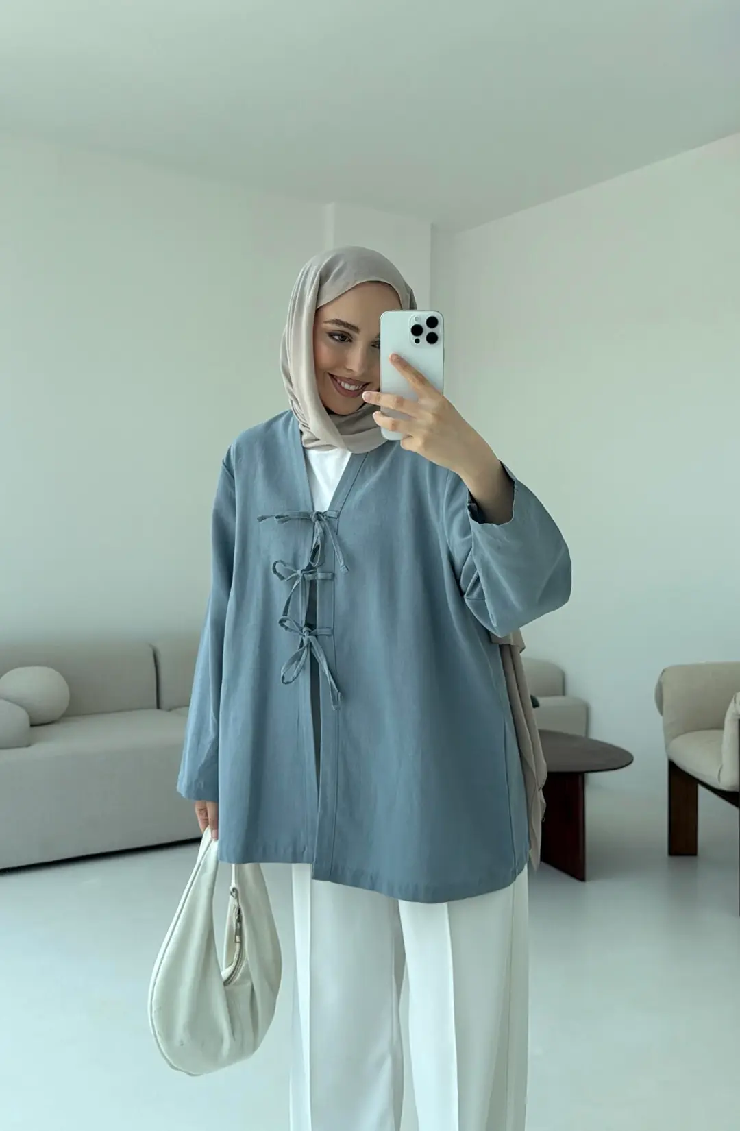 Keten Üç Bağlamalı Kimono Mavi - Görsel 3