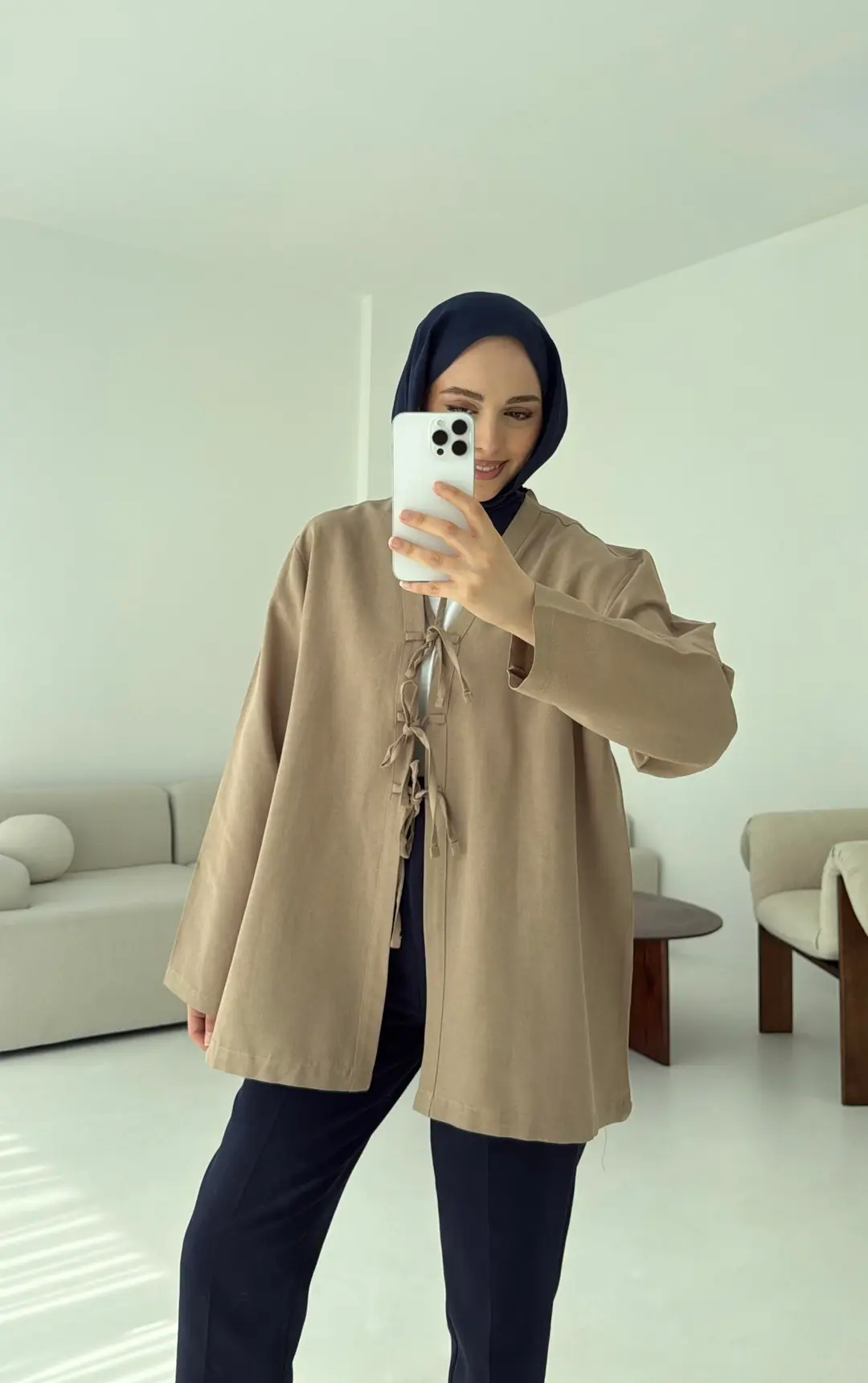 Keten Üç Bağlamalı Kimono Vizon - Görsel 3