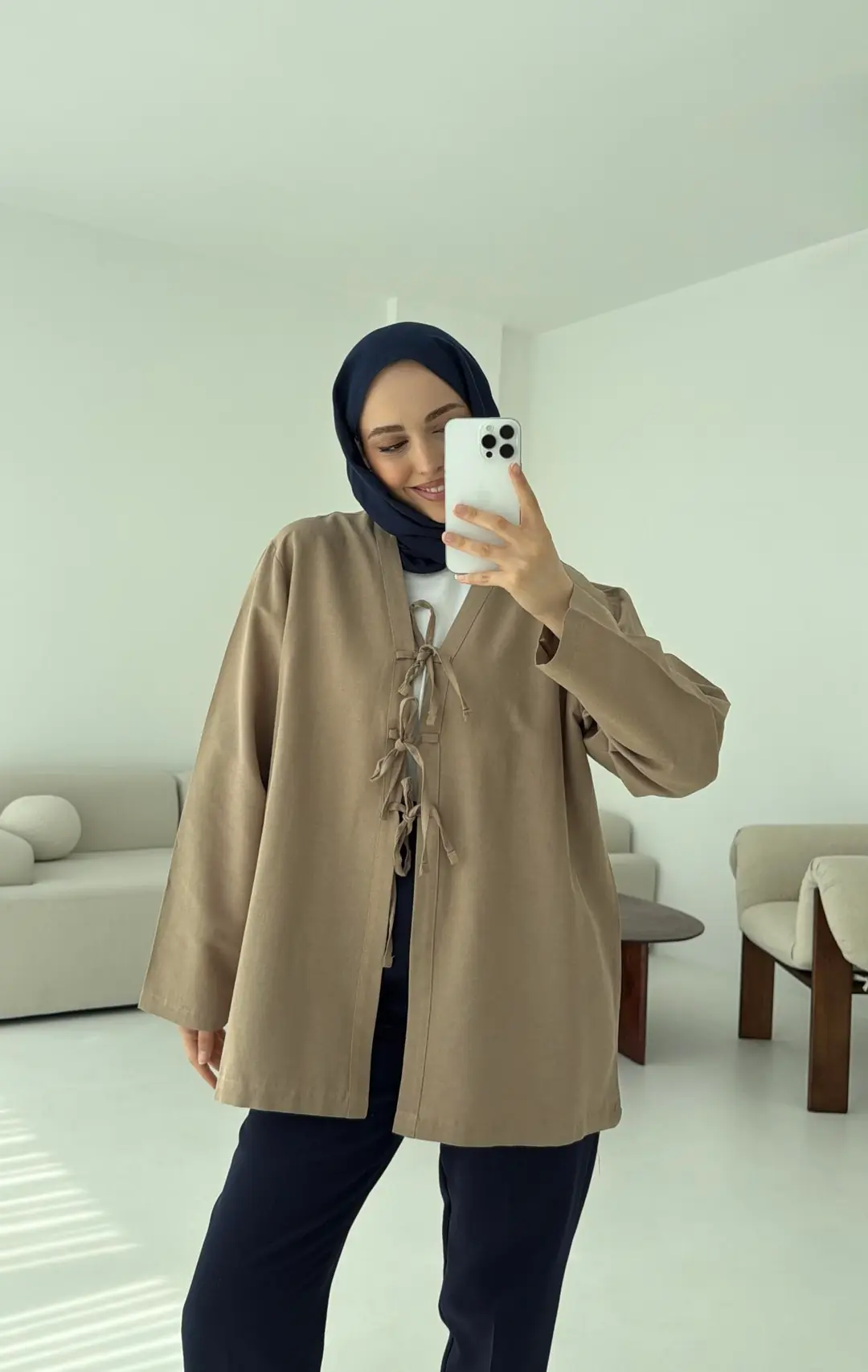 Keten Üç Bağlamalı Kimono Vizon - Görsel 4