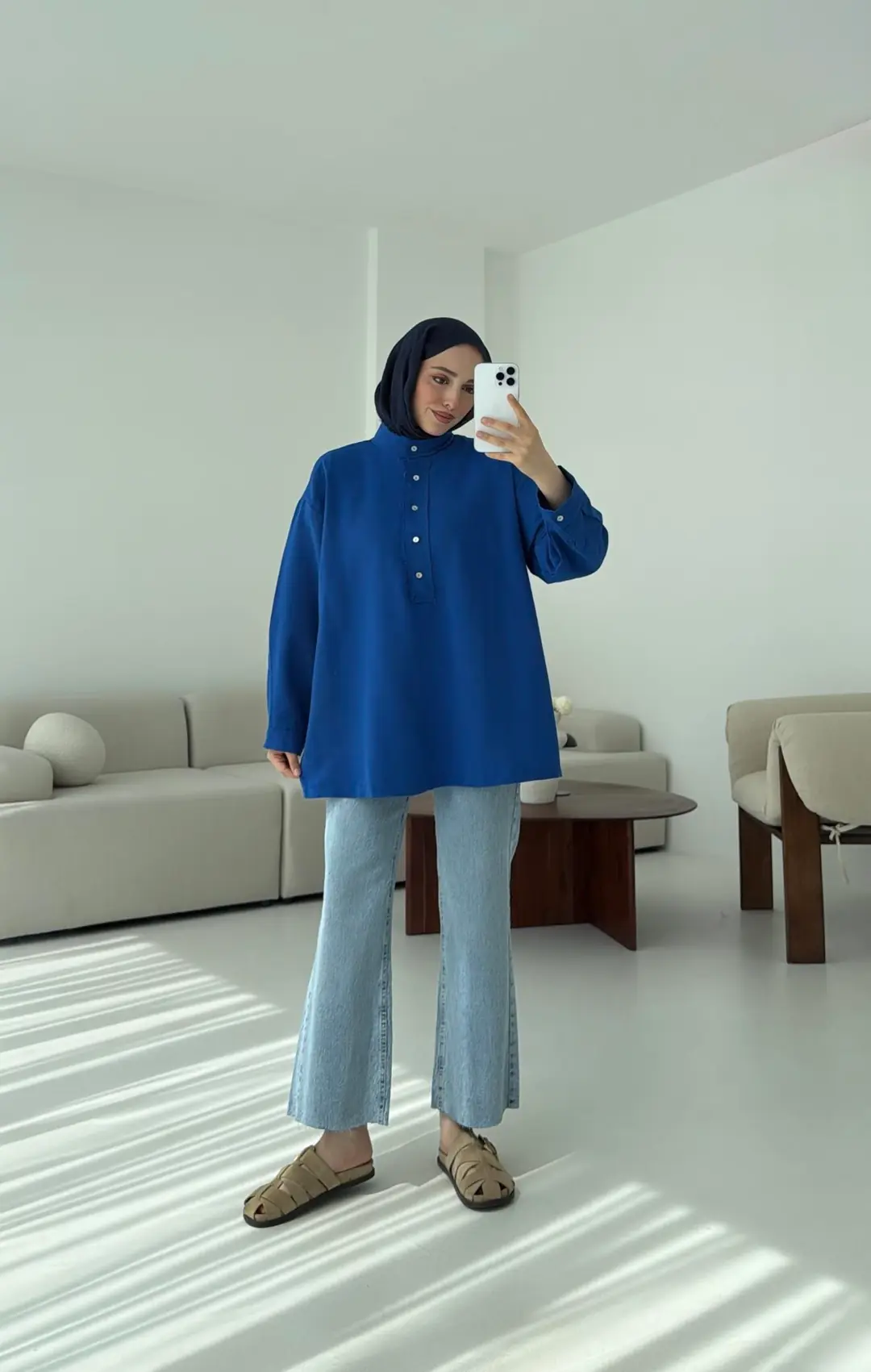 Keten Yarım Dügmeli Gömlek Mavi - Görsel 2