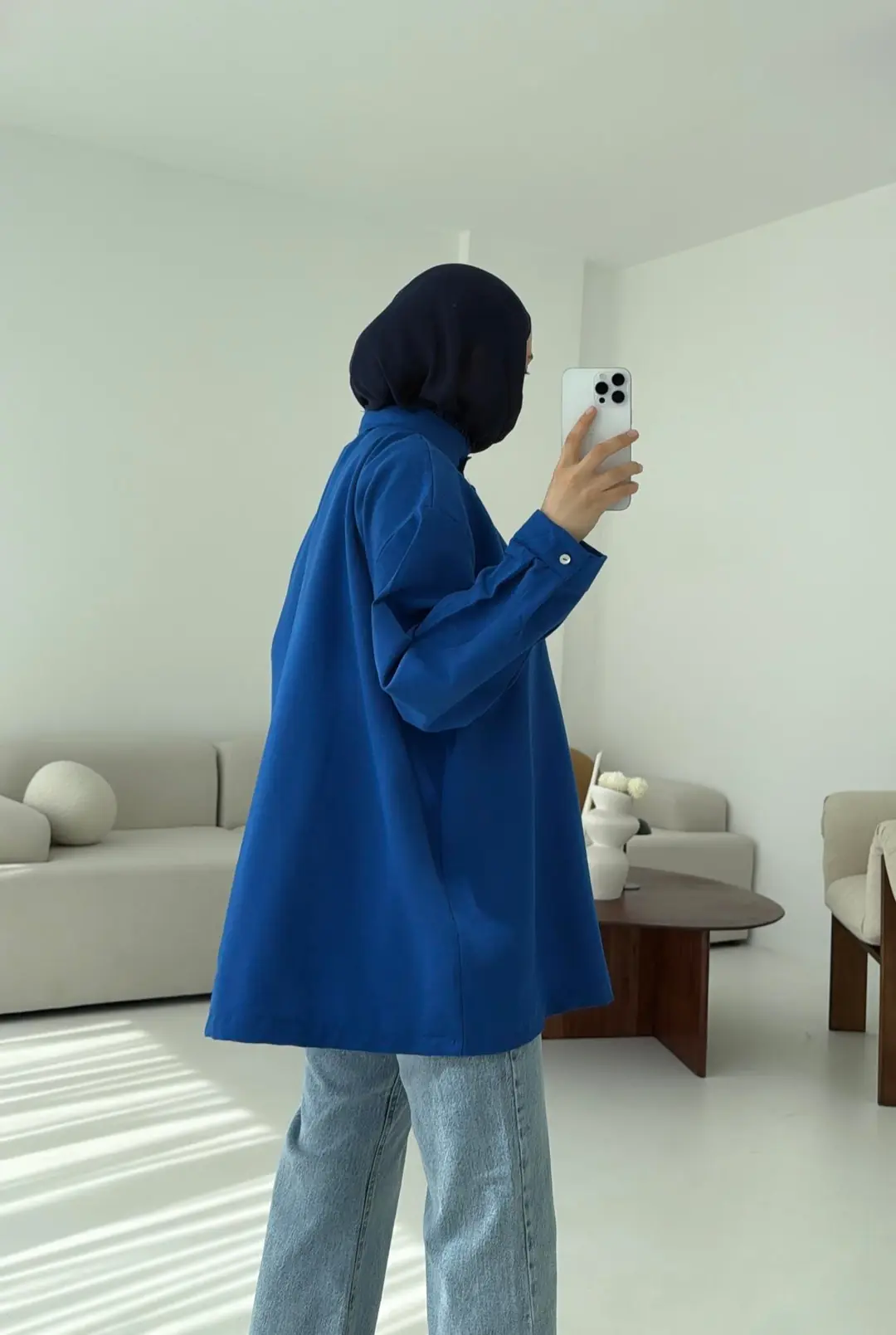 Keten Yarım Dügmeli Gömlek Mavi - Görsel 3