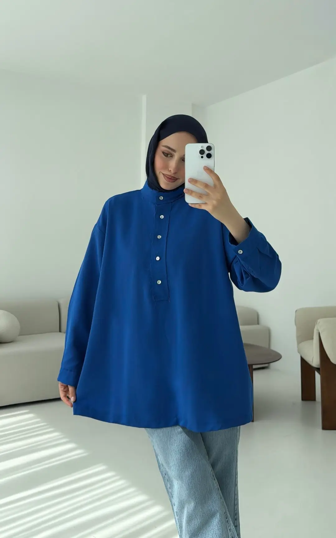 Keten Yarım Dügmeli Gömlek Mavi - Görsel 4