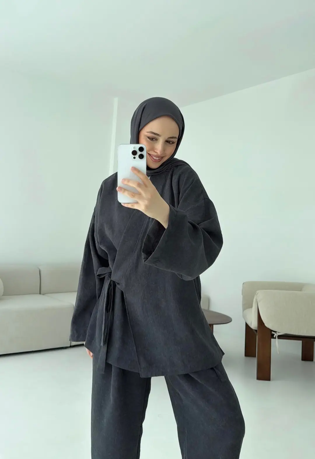 Kimono Pantolon Bambu Batik Takım Antrasit - Görsel 6