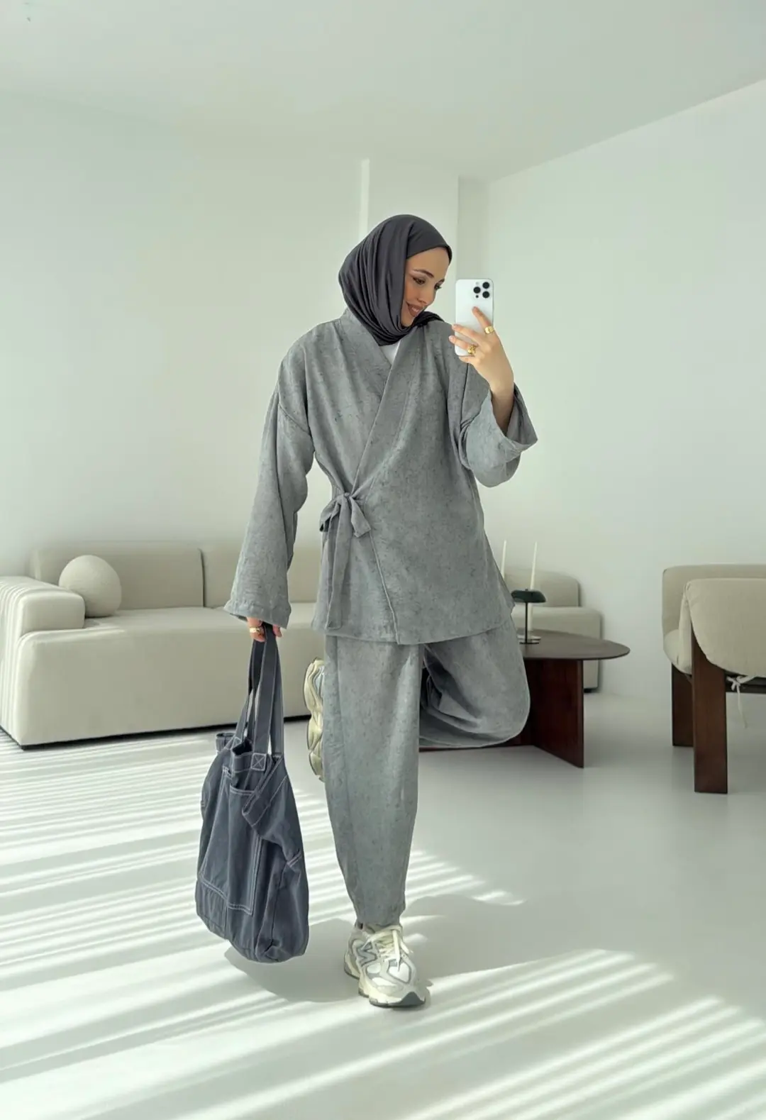 Kimono Pantolon Bambu Batik Takım Gri