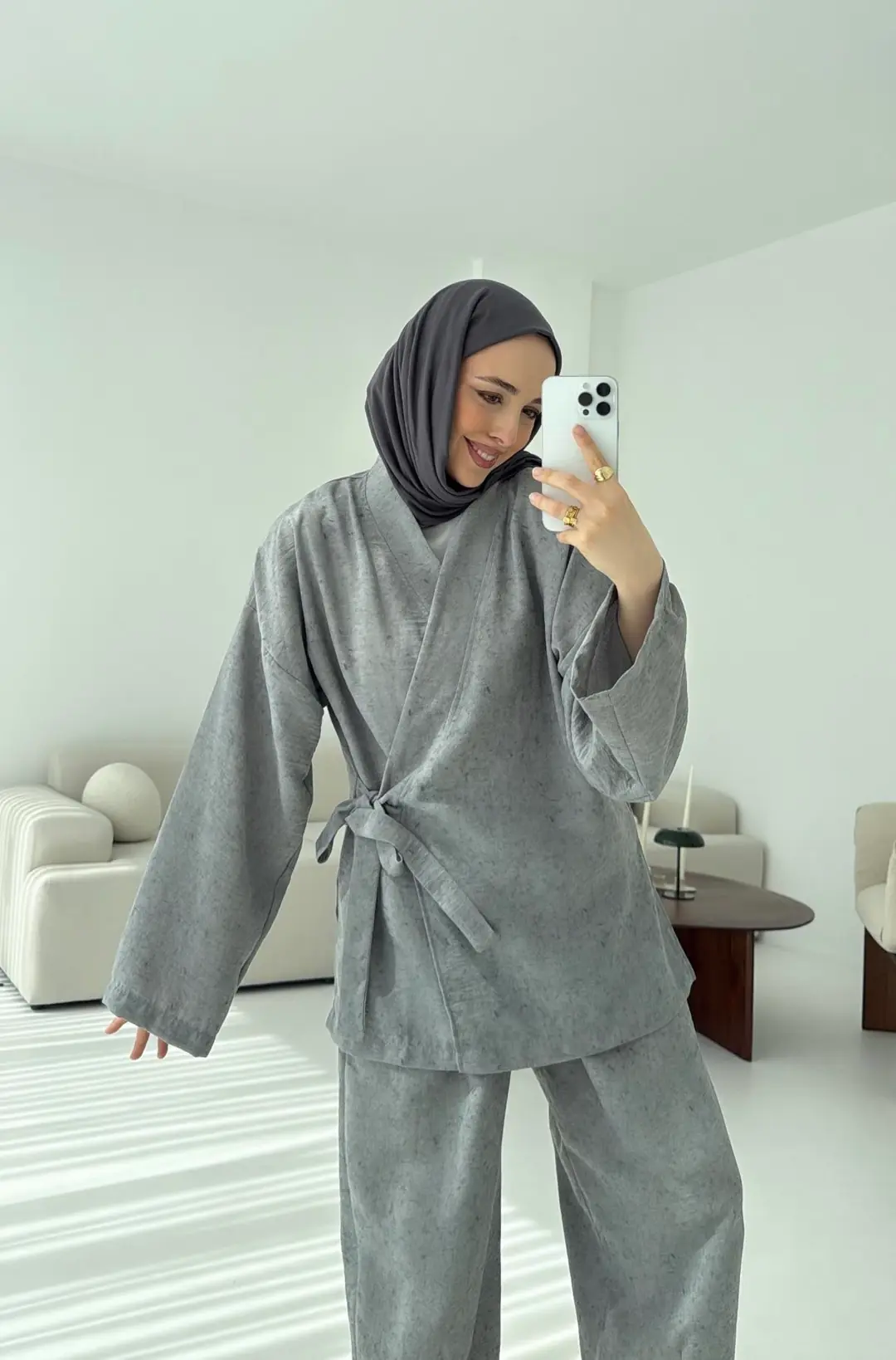 Kimono Pantolon Bambu Batik Takım Gri - Görsel 4