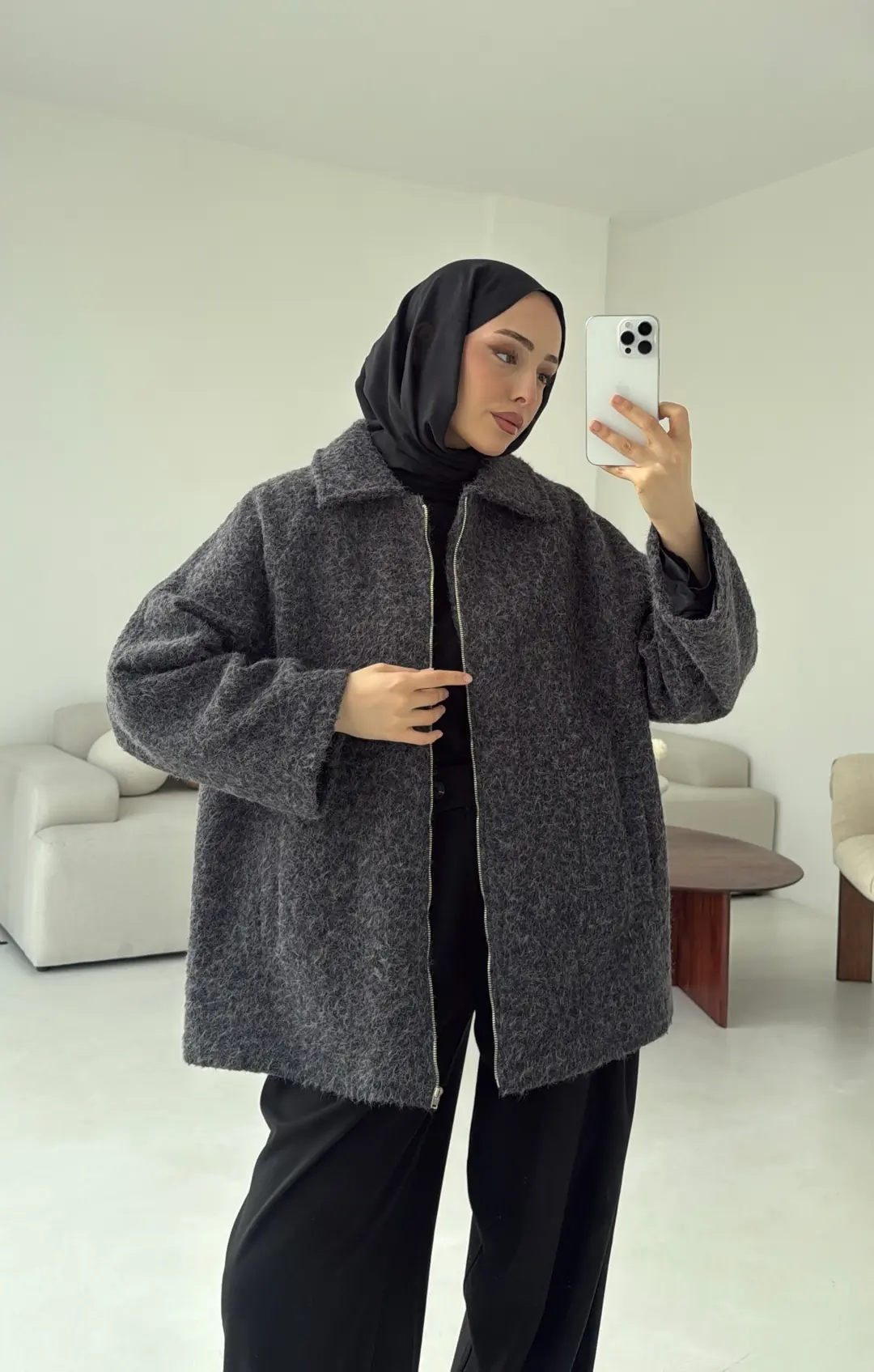 Kırçıllı Fermuarlı Kaban Antrasit - Görsel 2