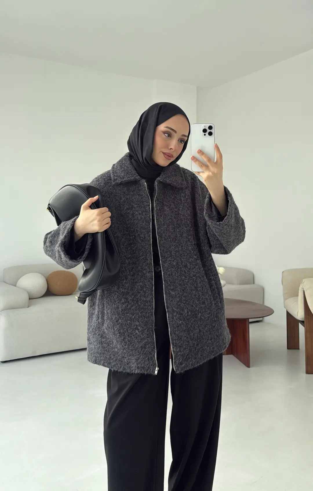 Kırçıllı Fermuarlı Kaban Antrasit - Görsel 5