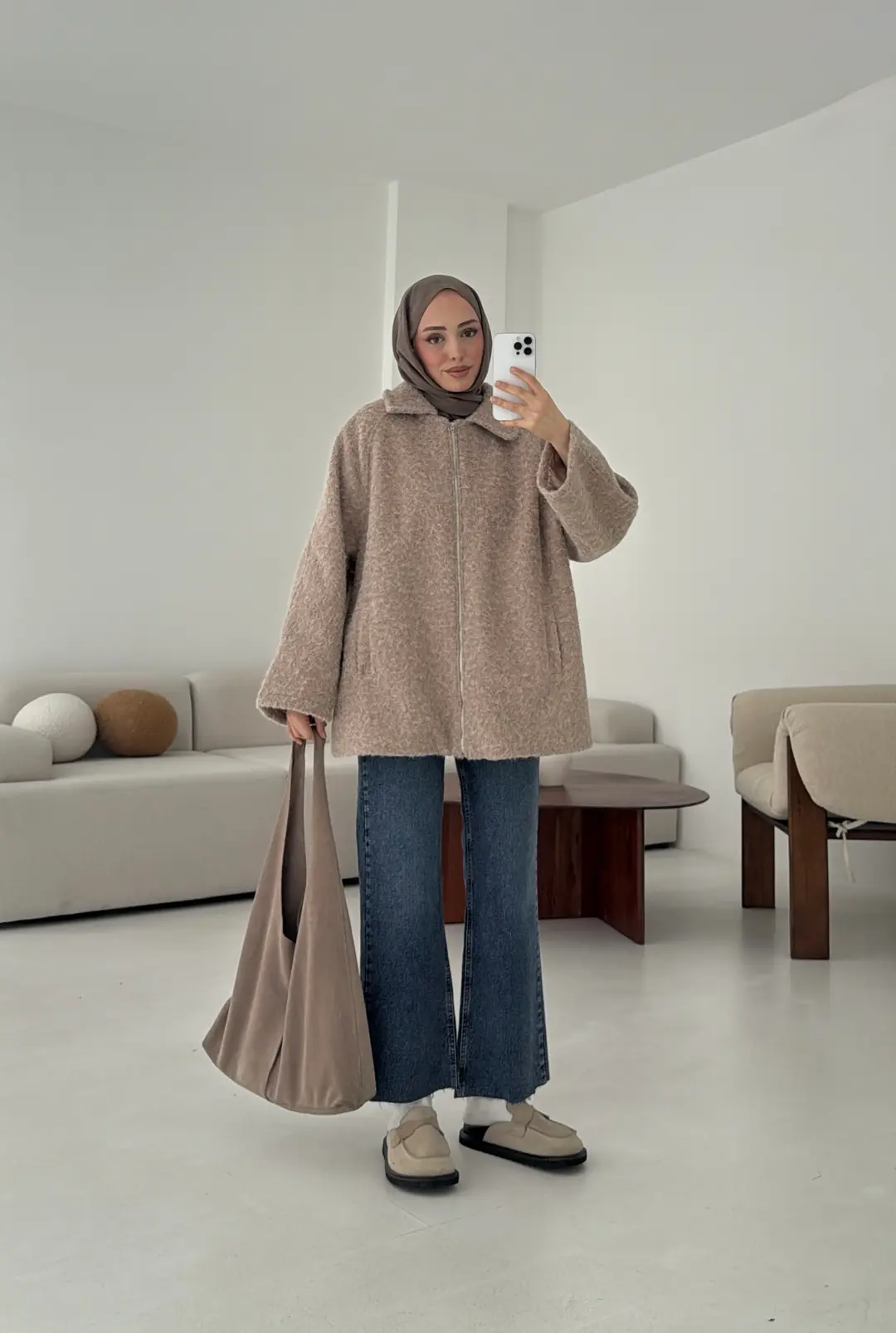 Kırçıllı Fermuarlı Kaban Bej