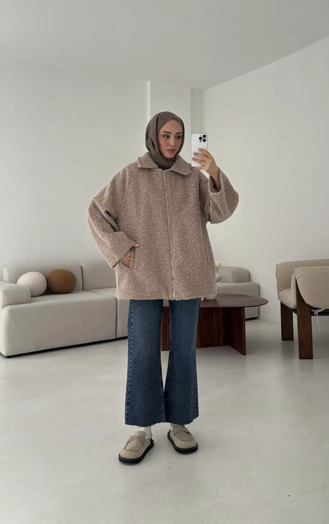 Kırçıllı Fermuarlı Kaban Bej - Görsel 2