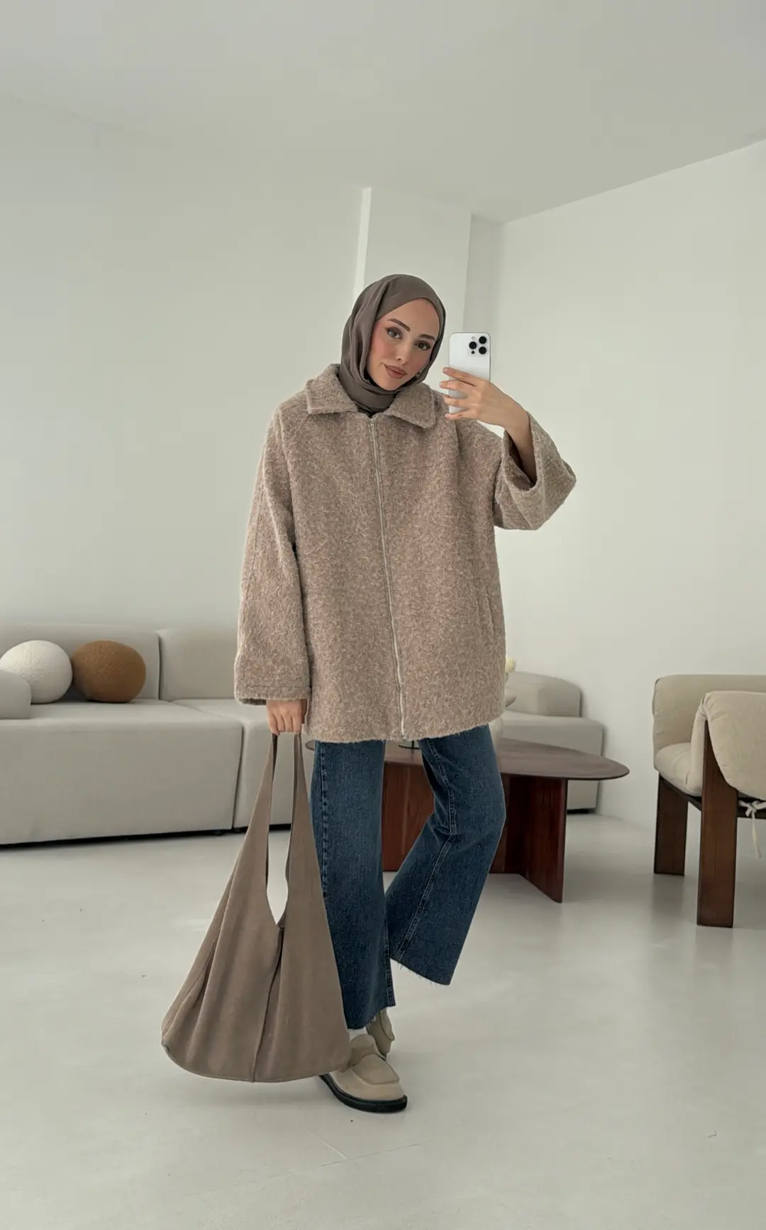 Kırçıllı Fermuarlı Kaban Bej - Görsel 3