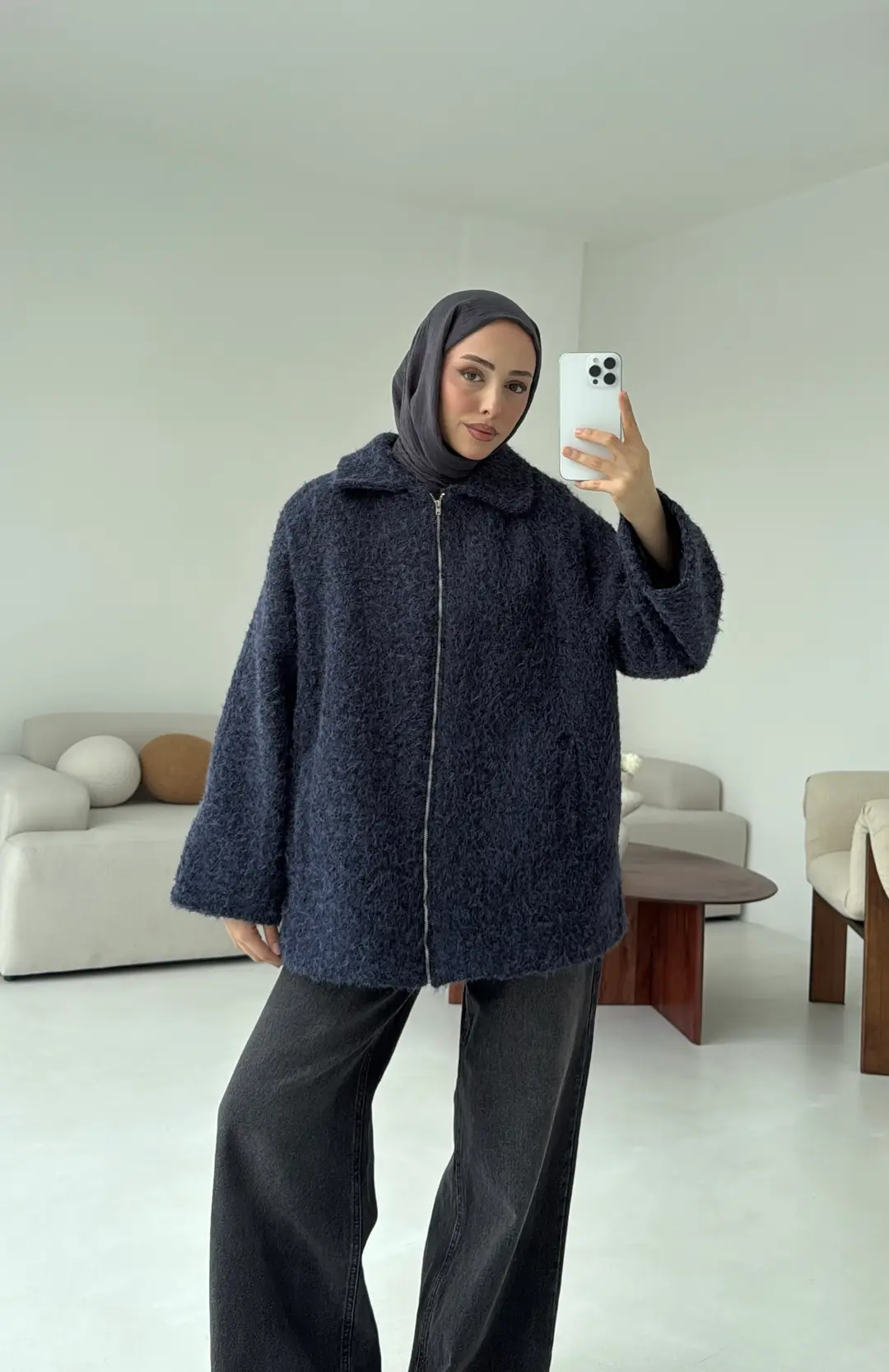 Kırçıllı Fermuarlı Kaban Lacivert