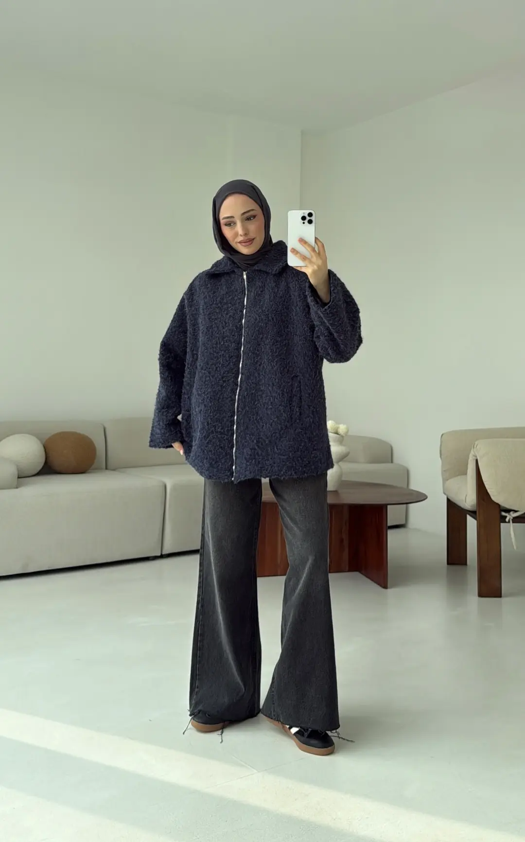 Kırçıllı Fermuarlı Kaban Lacivert - Görsel 3