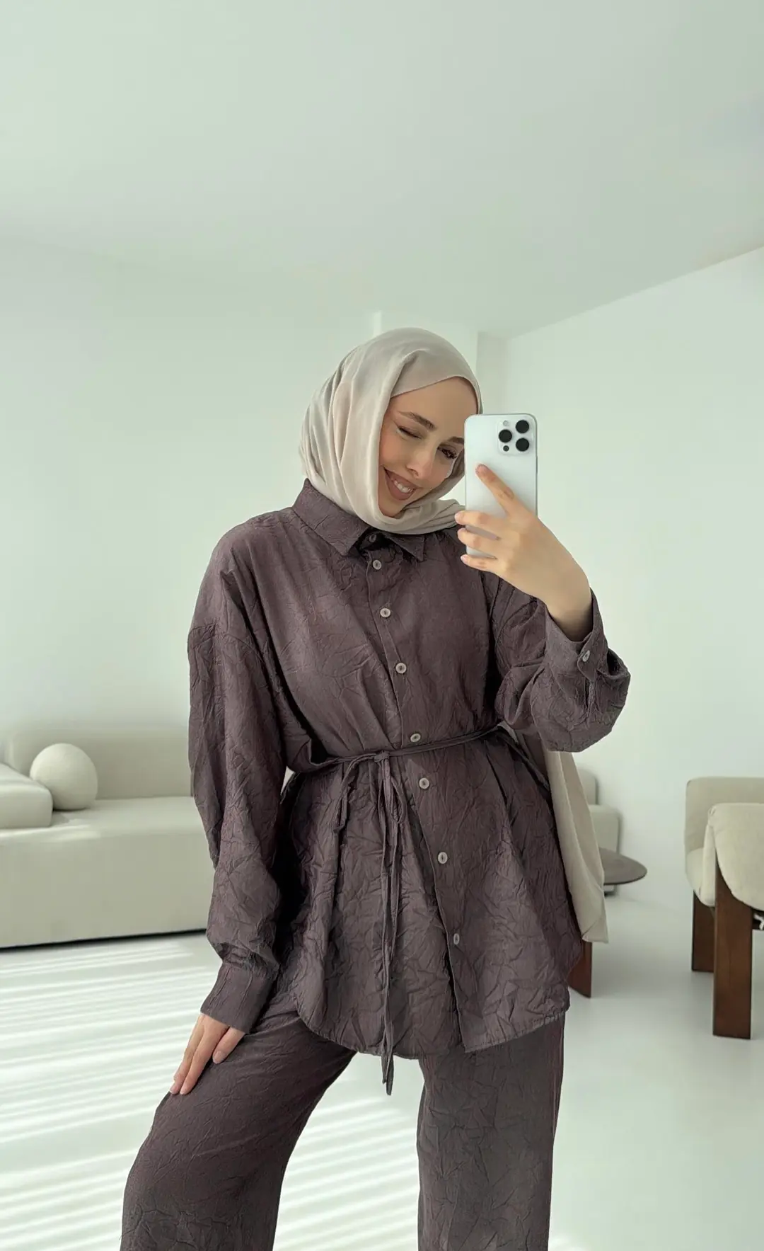 Kırışık Kumaş Takım Gül kurusu - Görsel 3