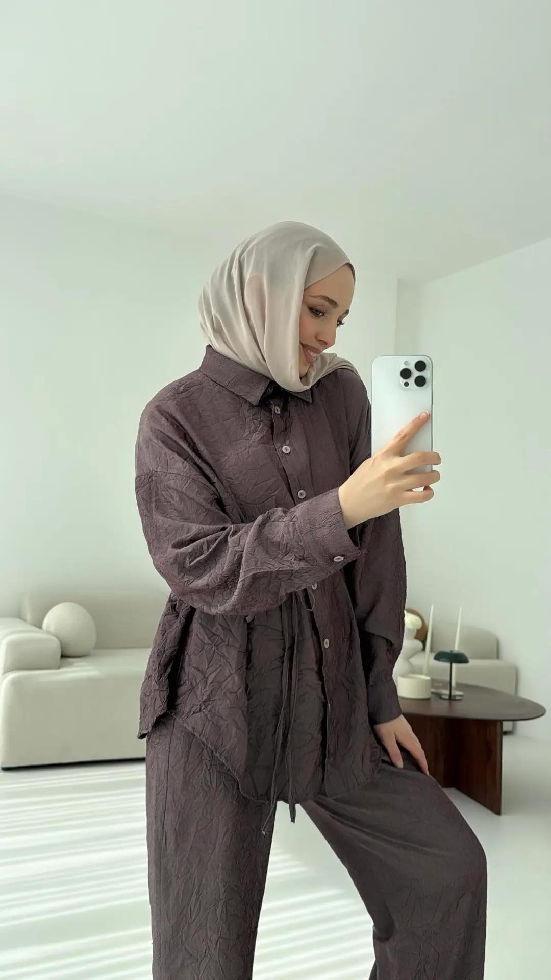 Kırışık Kumaş Takım Gül kurusu - Görsel 4