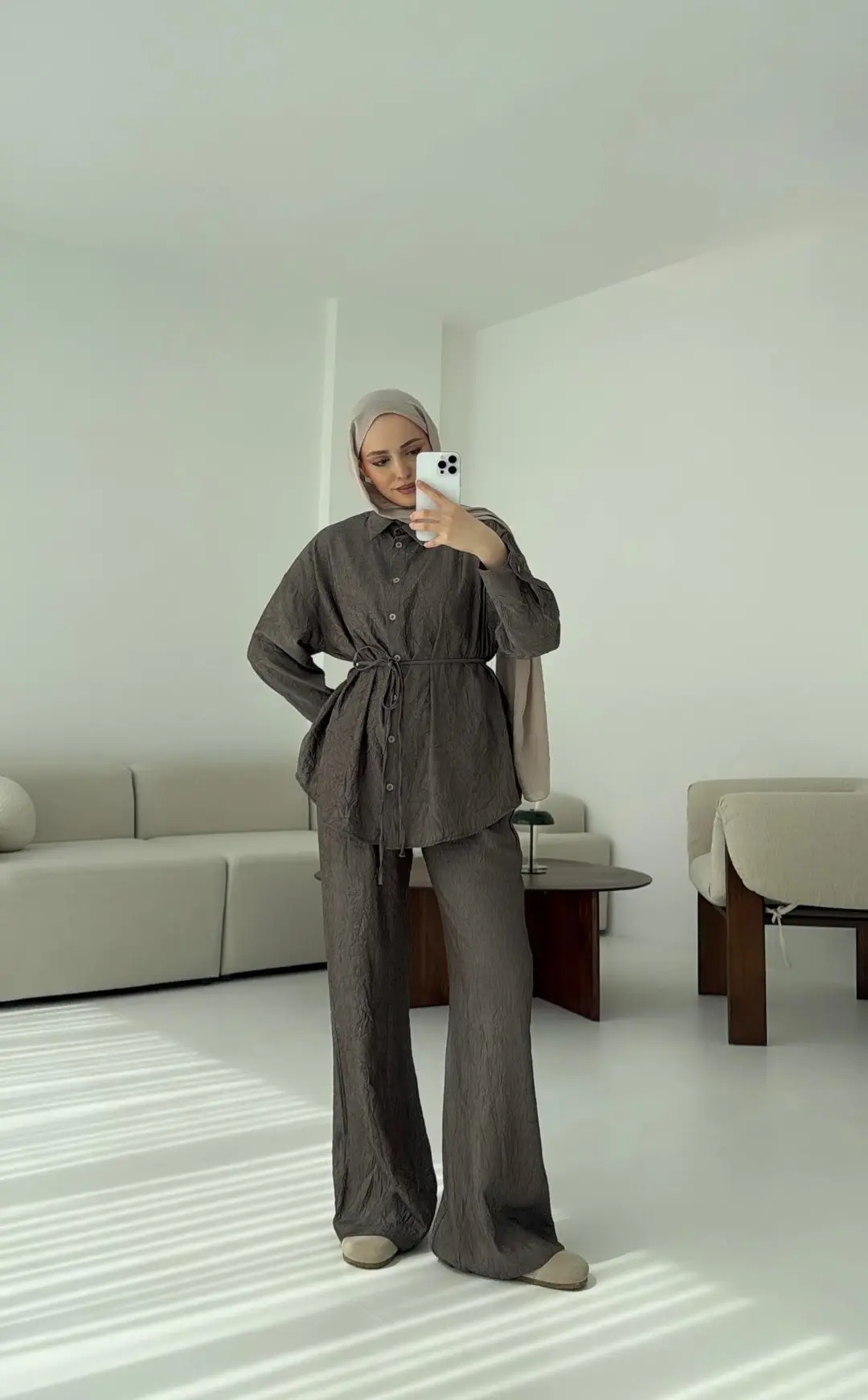 Kırışık Kumaş Takım Kahve - Görsel 6