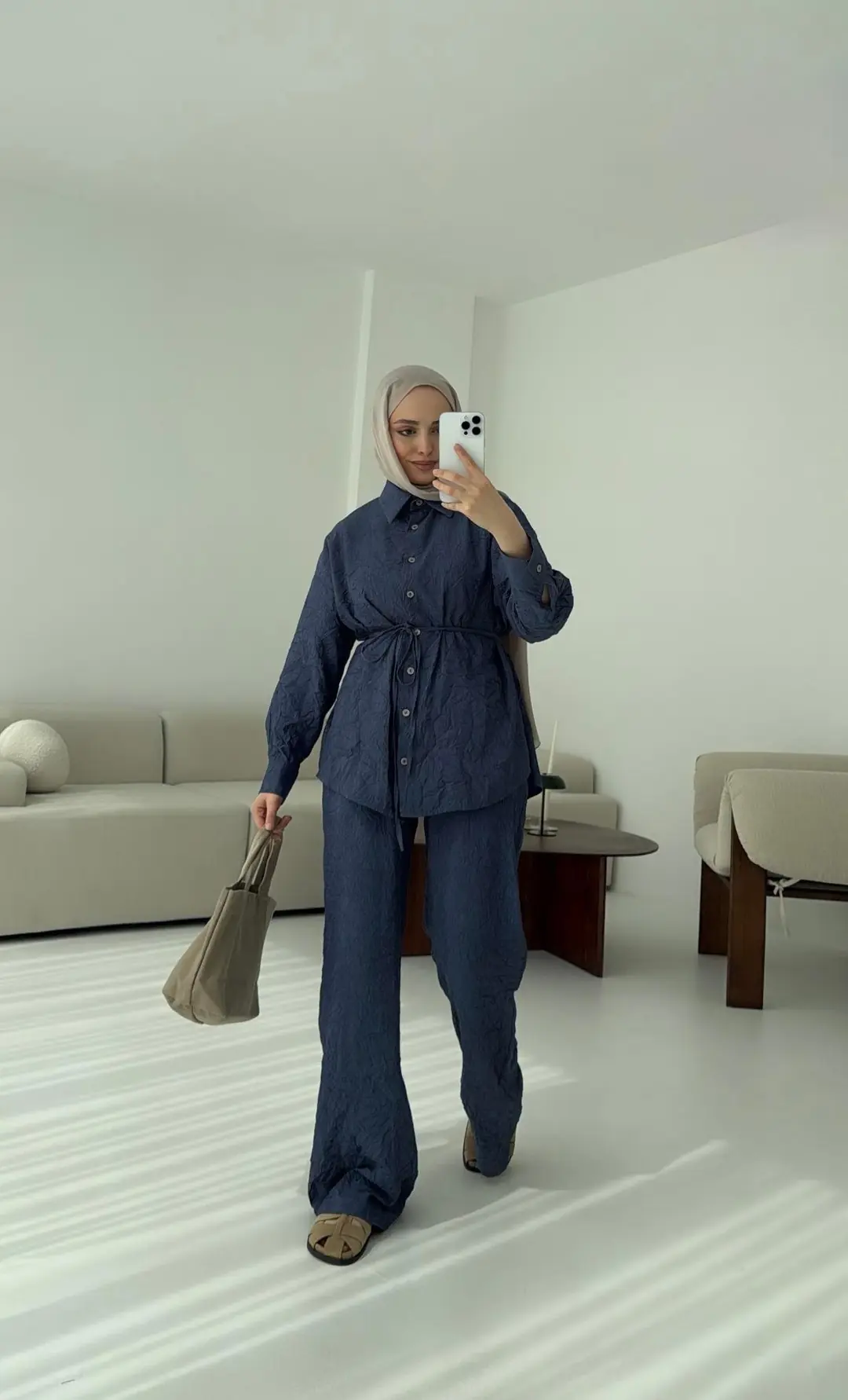 Kırışık Kumaş Takım Lacivert - Görsel 2