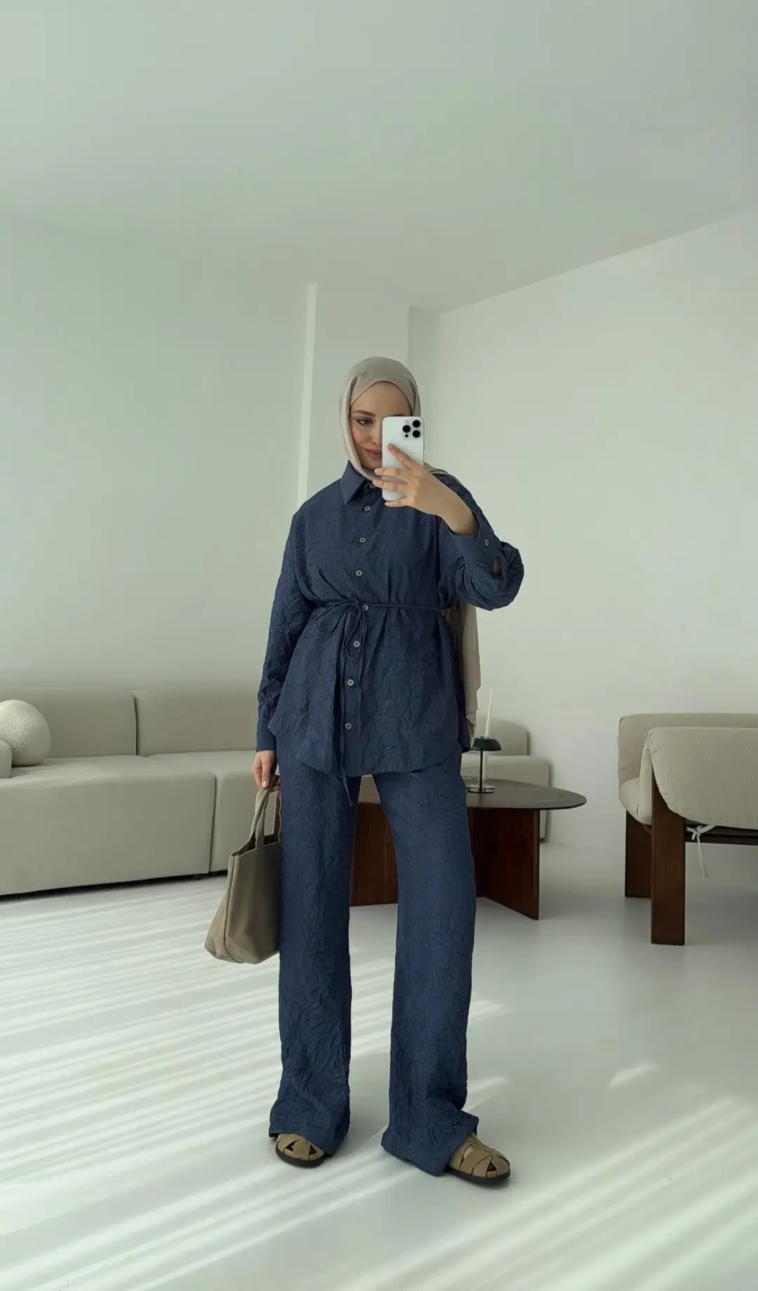 Kırışık Kumaş Takım Lacivert - Görsel 3