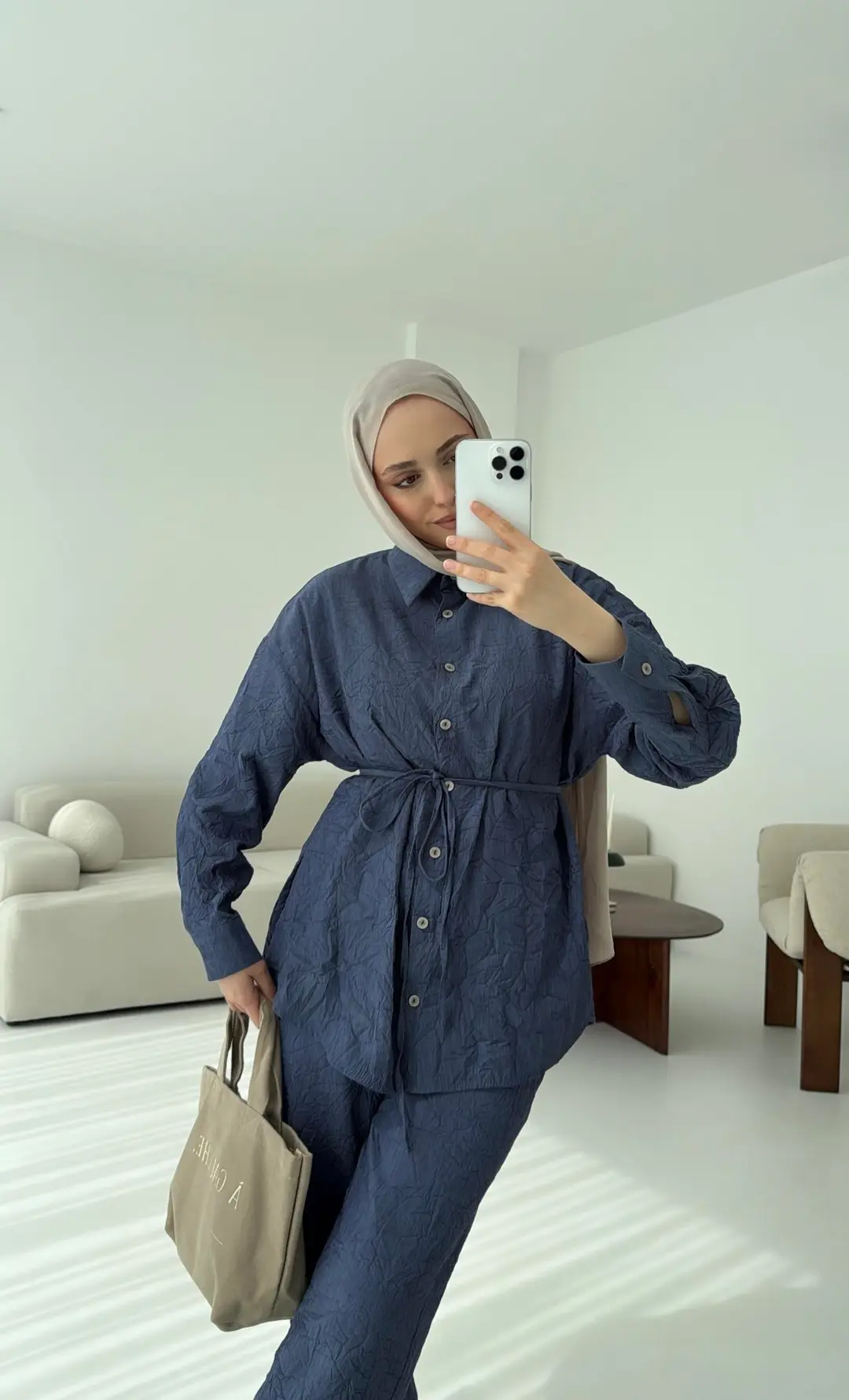 Kırışık Kumaş Takım Lacivert - Görsel 4