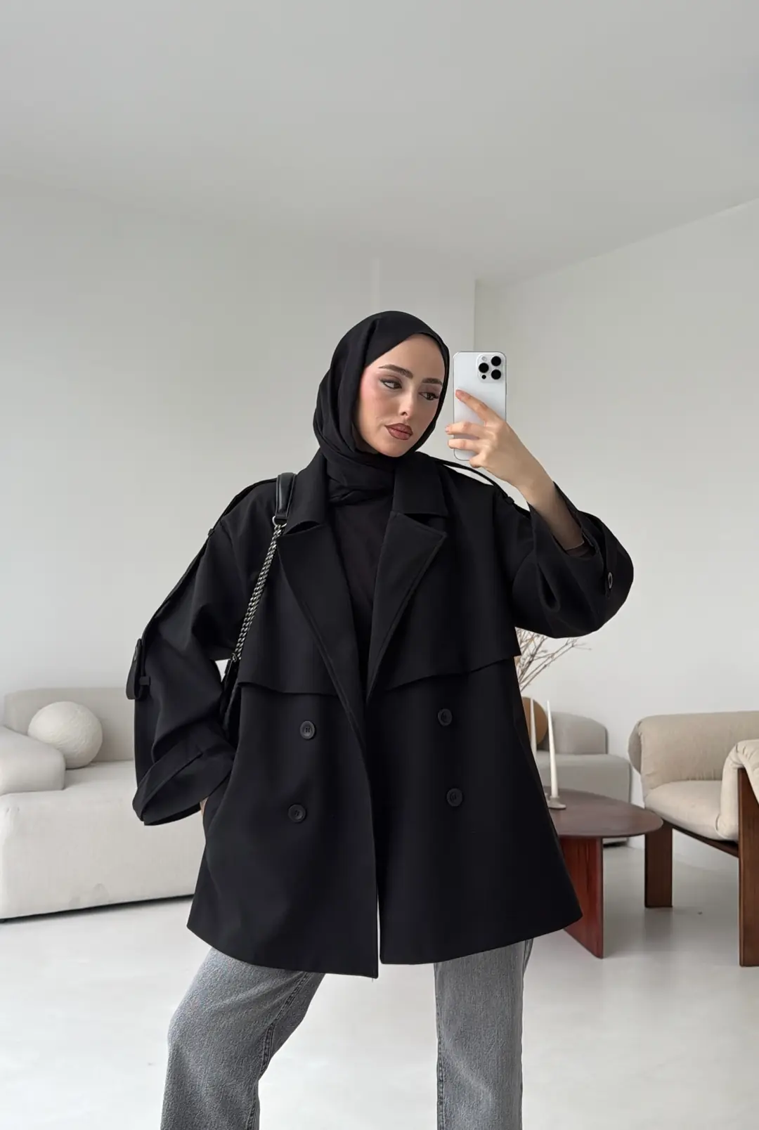 Kısa Trenç Siyah - Görsel 3