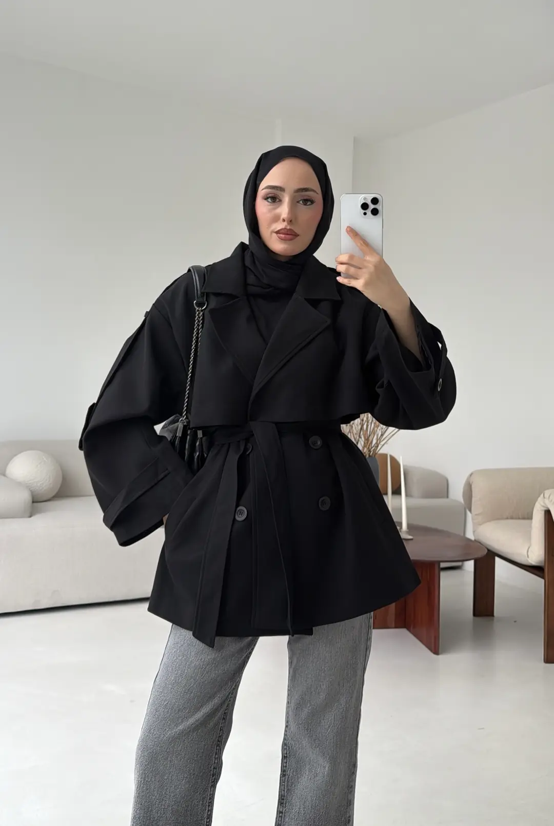 Kısa Trenç Siyah - Görsel 4