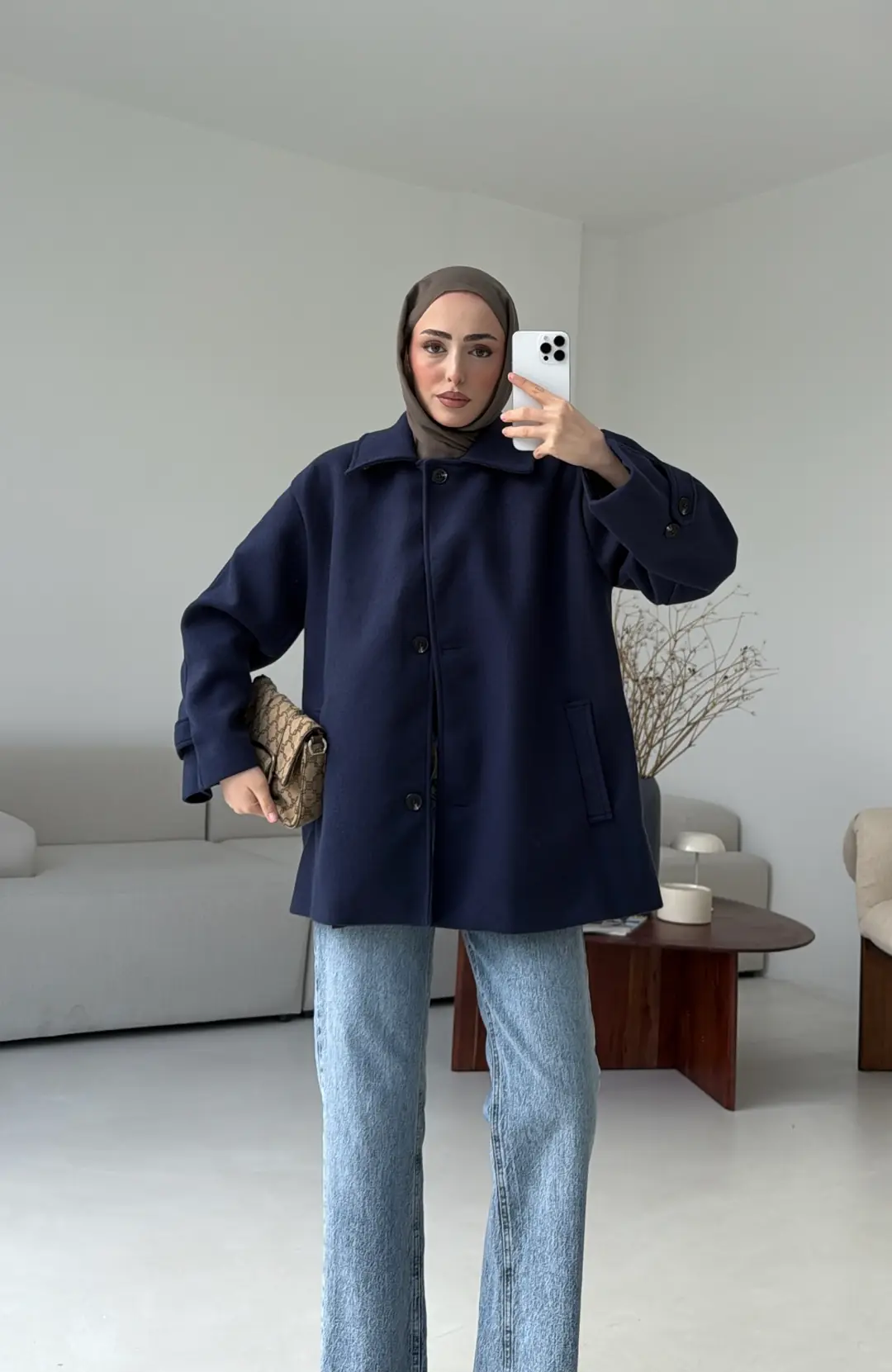 Kol Apoletli Kaşe Kaban Lacivert - Görsel 6