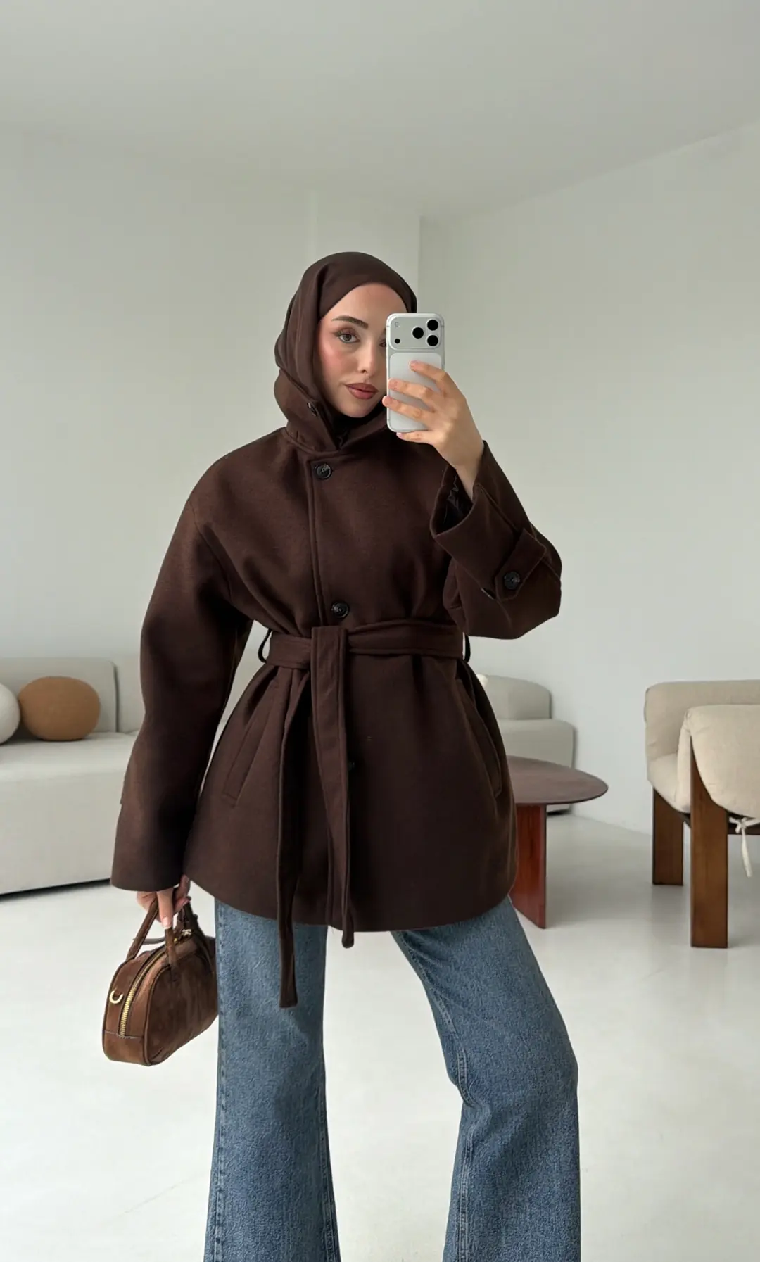 Kol Apoletli Kaşe Kaban Kahve - Görsel 4