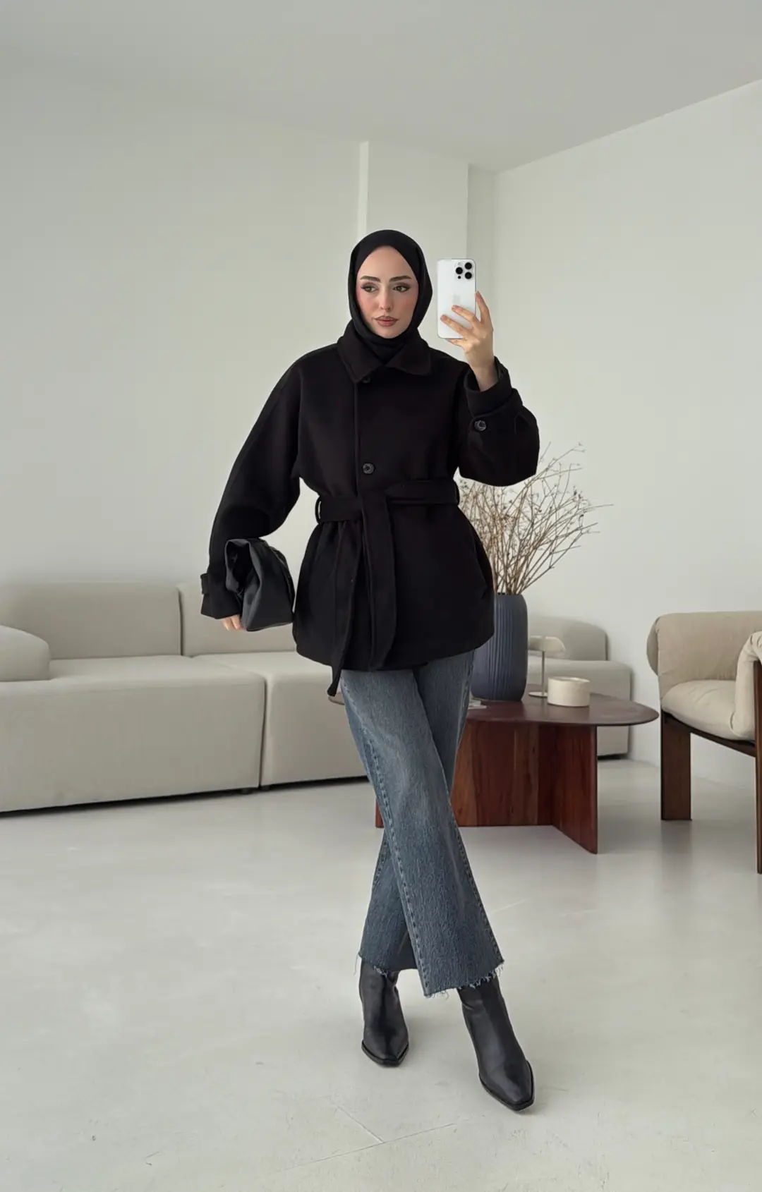 Kol Apoletli Kaşe Kaban Siyah - Görsel 2