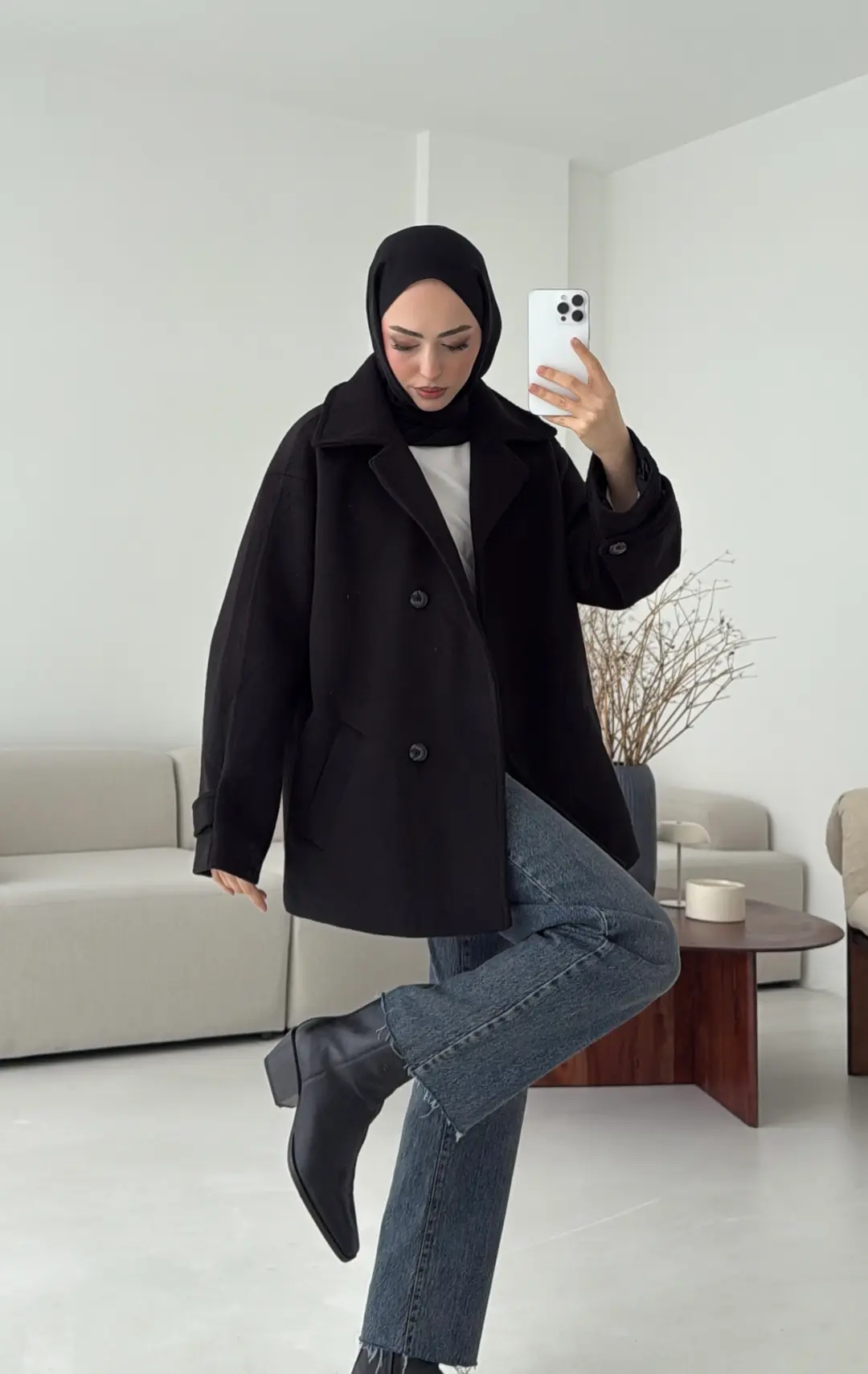 Kol Apoletli Kaşe Kaban Siyah - Görsel 4