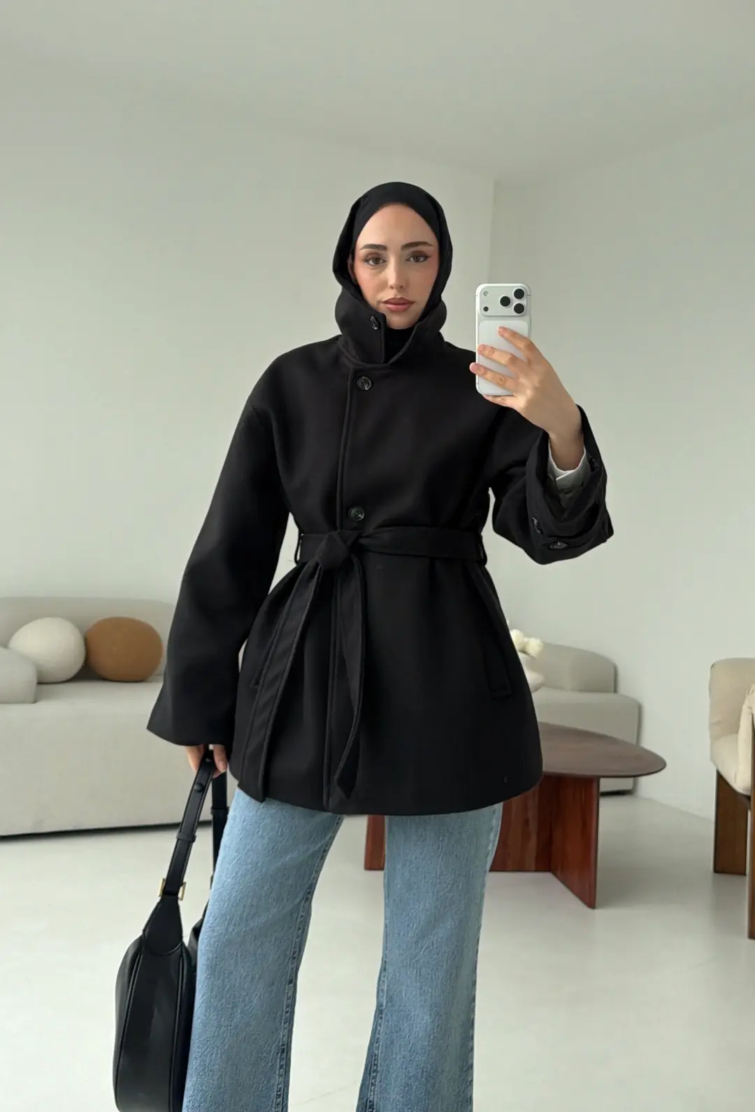 Kol Apoletli Kaşe Kaban Siyah - Görsel 3