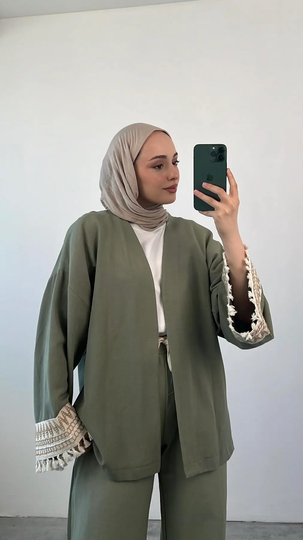 Kol Detay Kimonolu Keten Takım Yeşil - Görsel 3