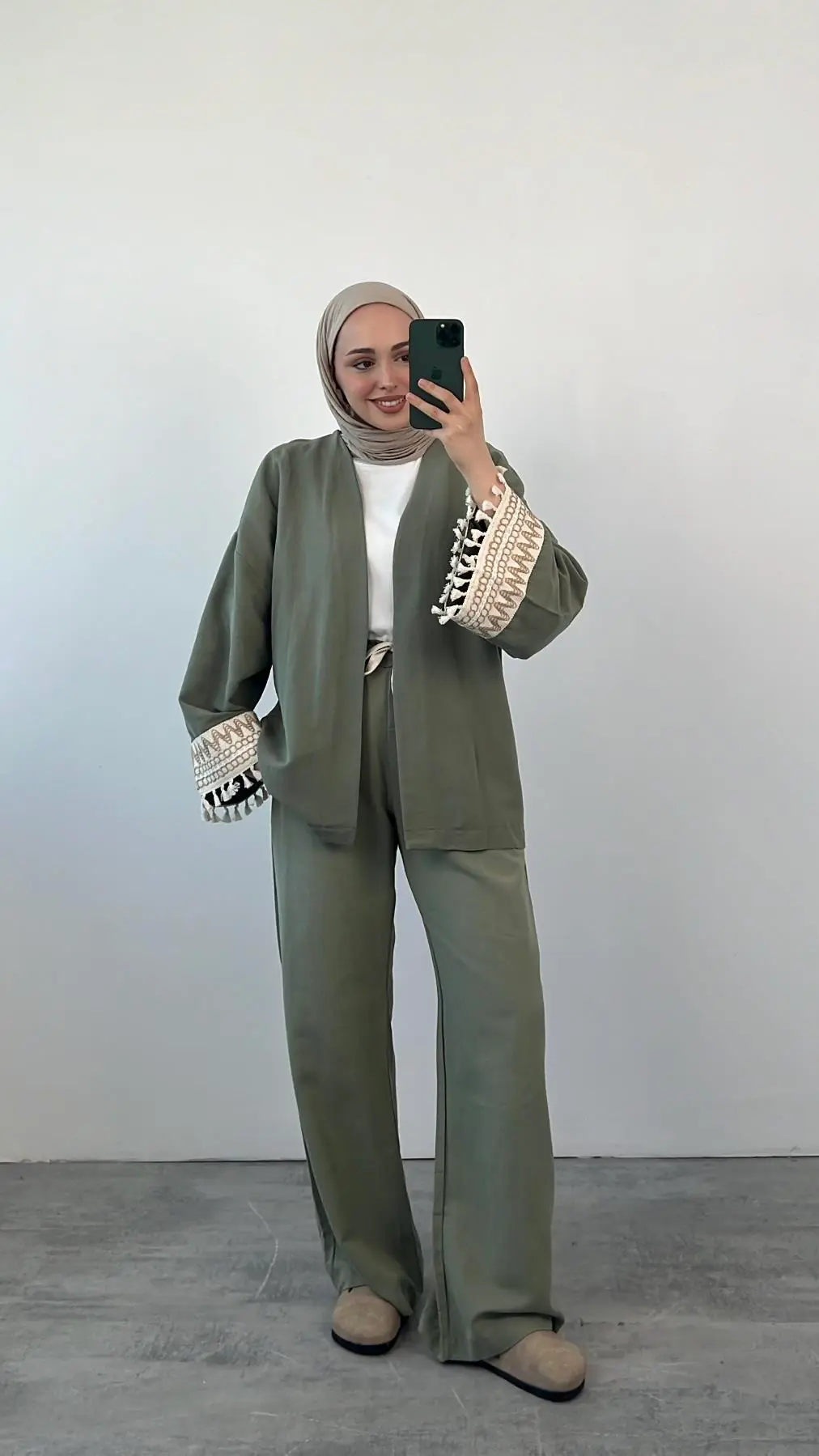 Kol Detay Kimonolu Keten Takım Yeşil - Görsel 4